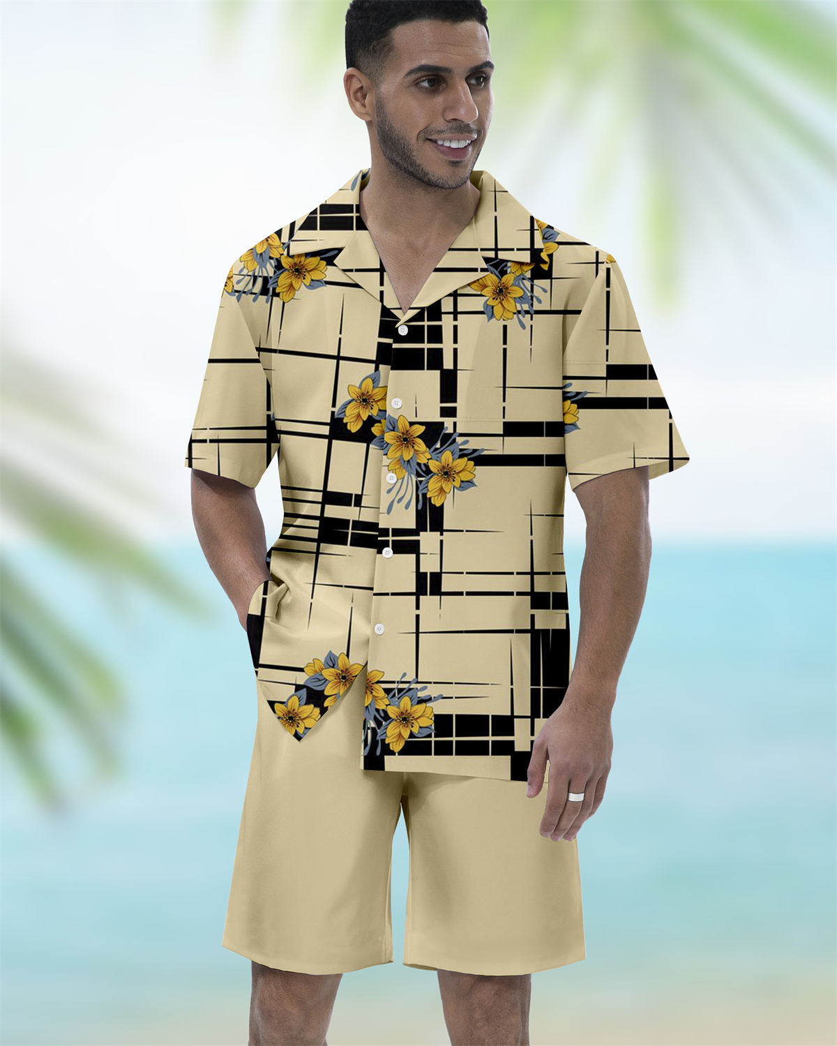 Ensemble chemise à manches courtes et col cubain pour homme, idéal pour les vacances au bowling (réf. 058)