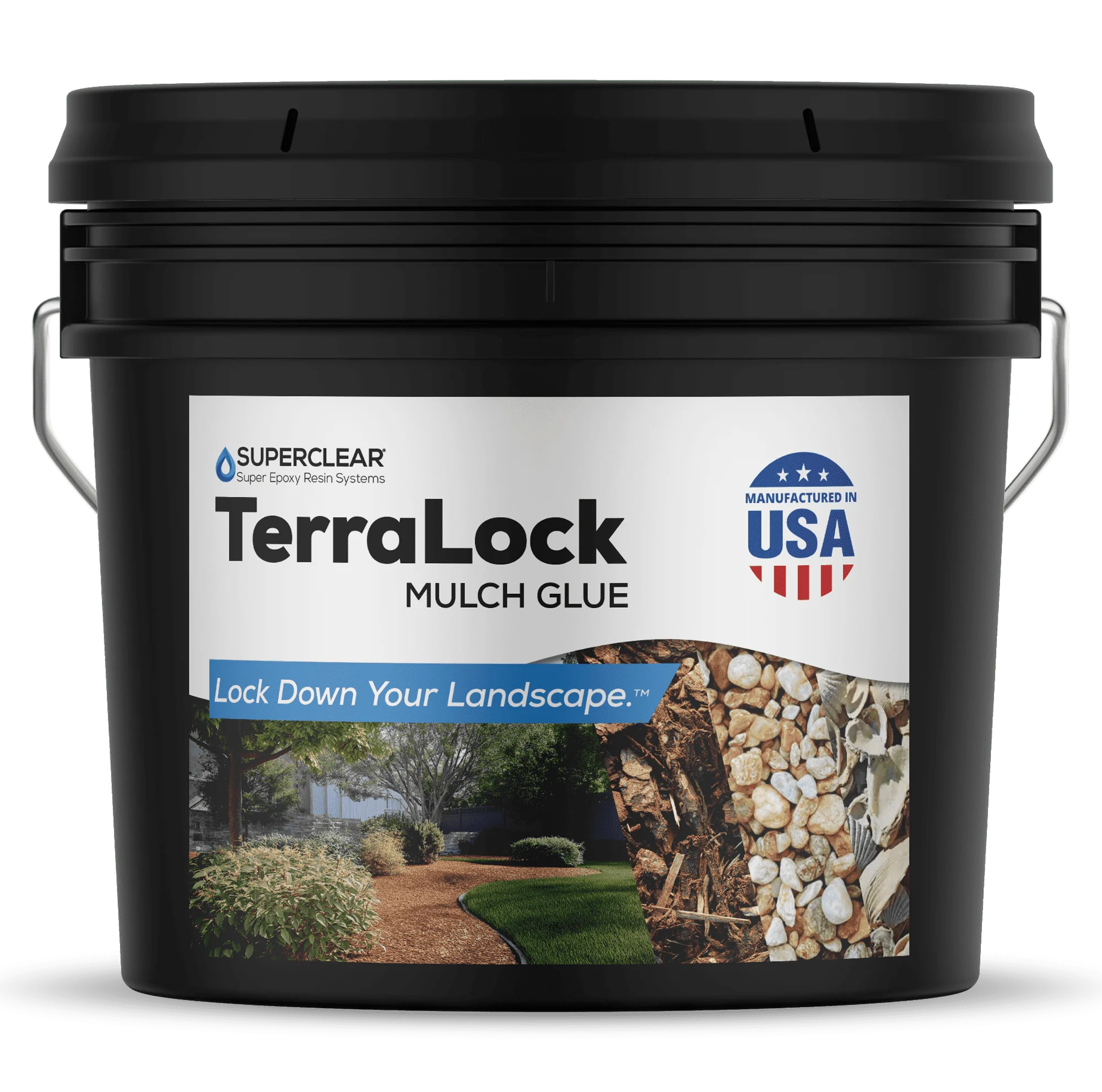 Superclear Terralock Mulch Glue for Landscaping, 5 Gallon Rock Glue. Easy Spray, Easy Hold. Perfect for Mulch, Pea Gravel Large & Small, Rock, Straw and Stone, Pega Para Piedras de Jardin