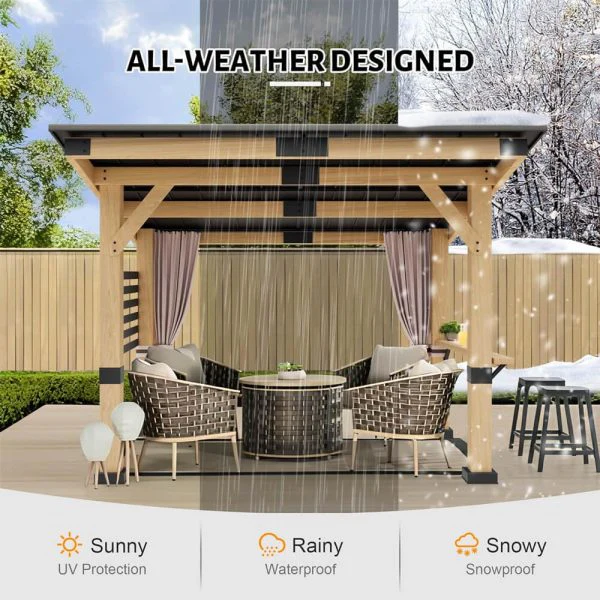 [10x12FT] Gazebo extérieur haut de gamme robuste toutes saisons en bois de cèdre avec toit rigide, toit en métal et rideaux arrière (SAK57184)