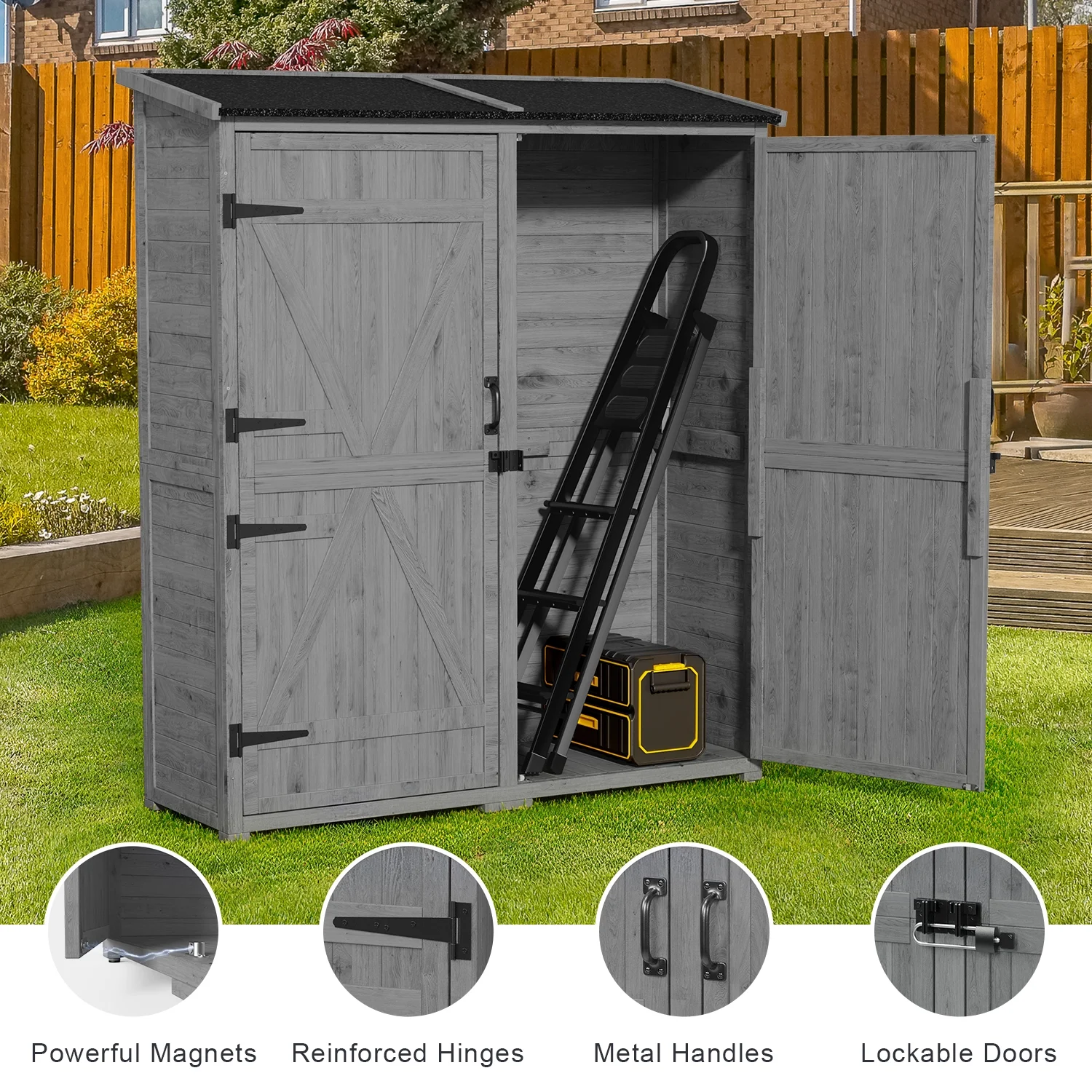 55�� Wide Outdoor Storage Shed with Lockable Double Doors Weather-Resistant Garden Shed for Patio, Backyard Lawn, Gray(55"W/Grey) - Image 6