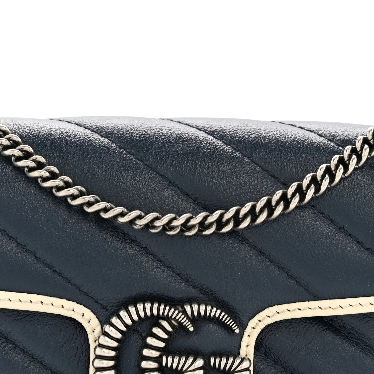 Vintage Effect Calfskin Matelasse Diagonal Super Mini Torchon GG Marmont Shoulder Bag Blue Agata Mystic White
