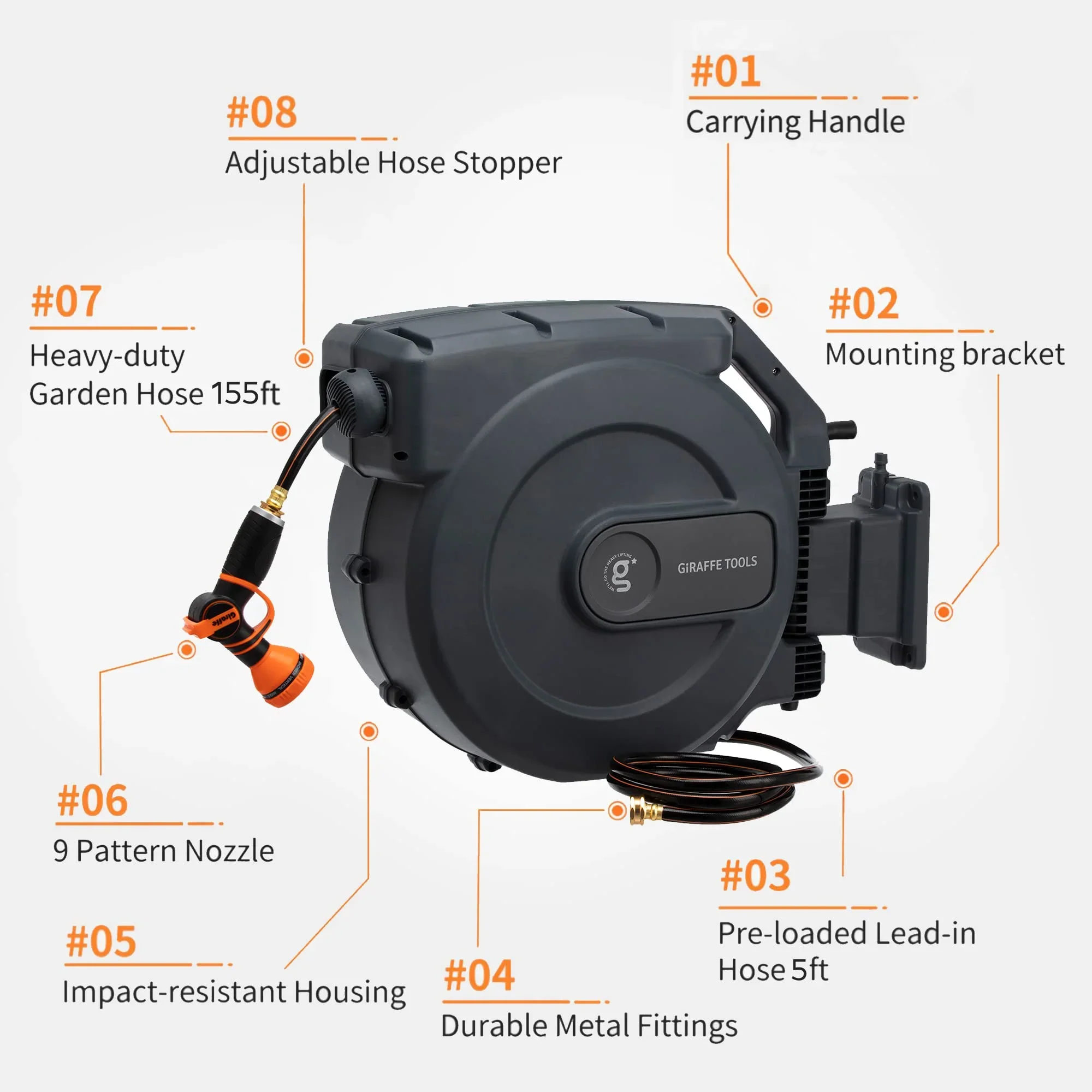 Giraffe Tools Retractable Garden Hose Reel with 1/2in-100ft Water Hose, Plastic Bracket, Wall Mounted, Dark Grey