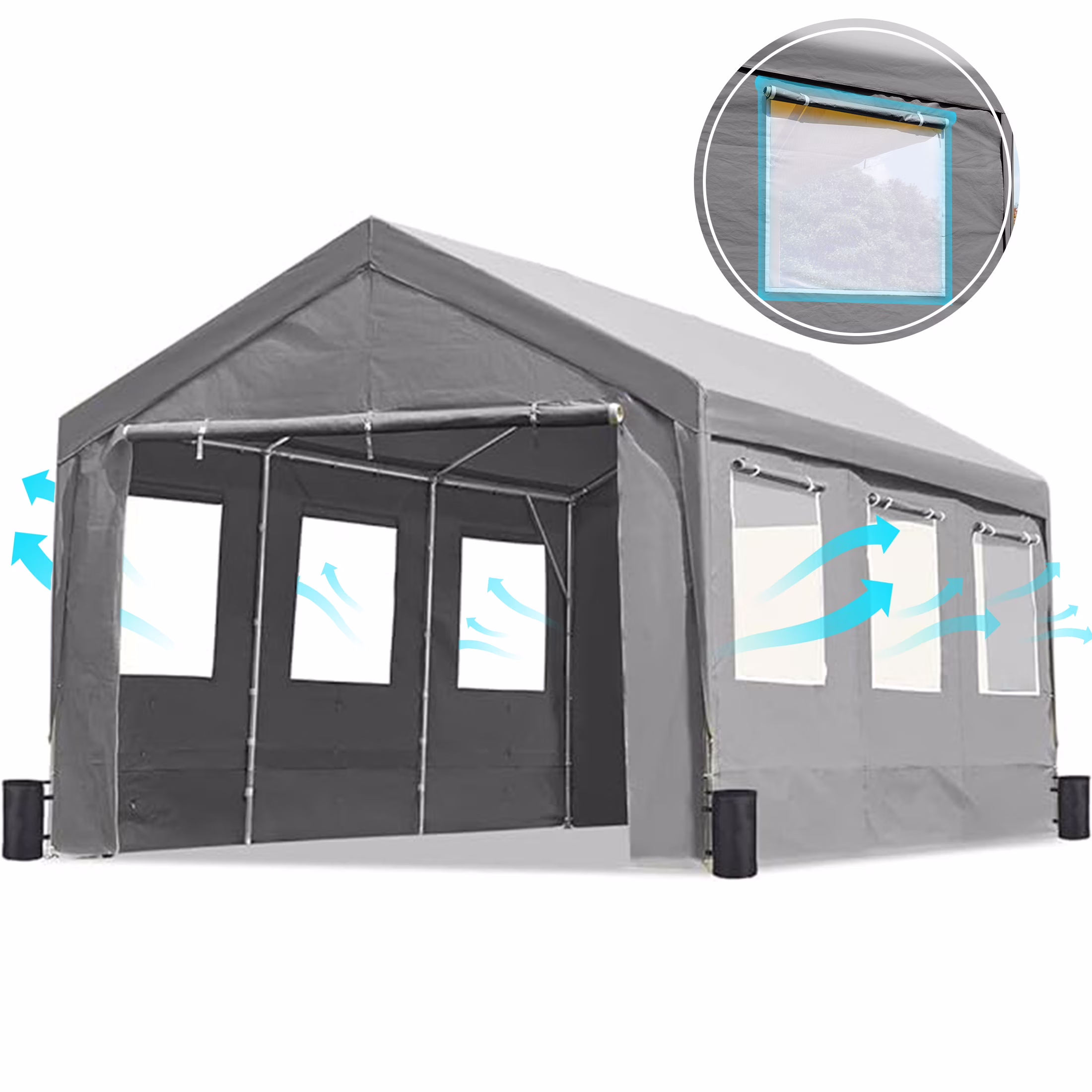 10x20 ft Heavy Duty Carport with Roll-up Ventilated Windows Removable Sidewalls Car Canopy Garage Boat Shelter Party Tent, Adjustable Height from 9.5ft to 11ft, Beige Yellow(10' x 20'/Beige) - Image 3