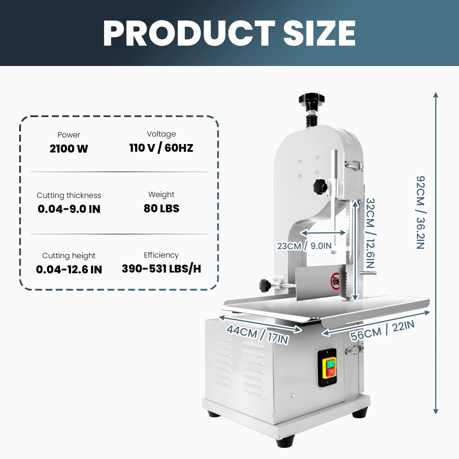 Electric Meat Bandsaw, 2100W Bone Saw for Butchering Commercial Bone Cutter Machine, 22 X 17 Inch Stainless Steel Countertop, 0.04-9.0 Inch Cutting Thickness Meat Bone Cutter with 8 Sharp Saw Blades