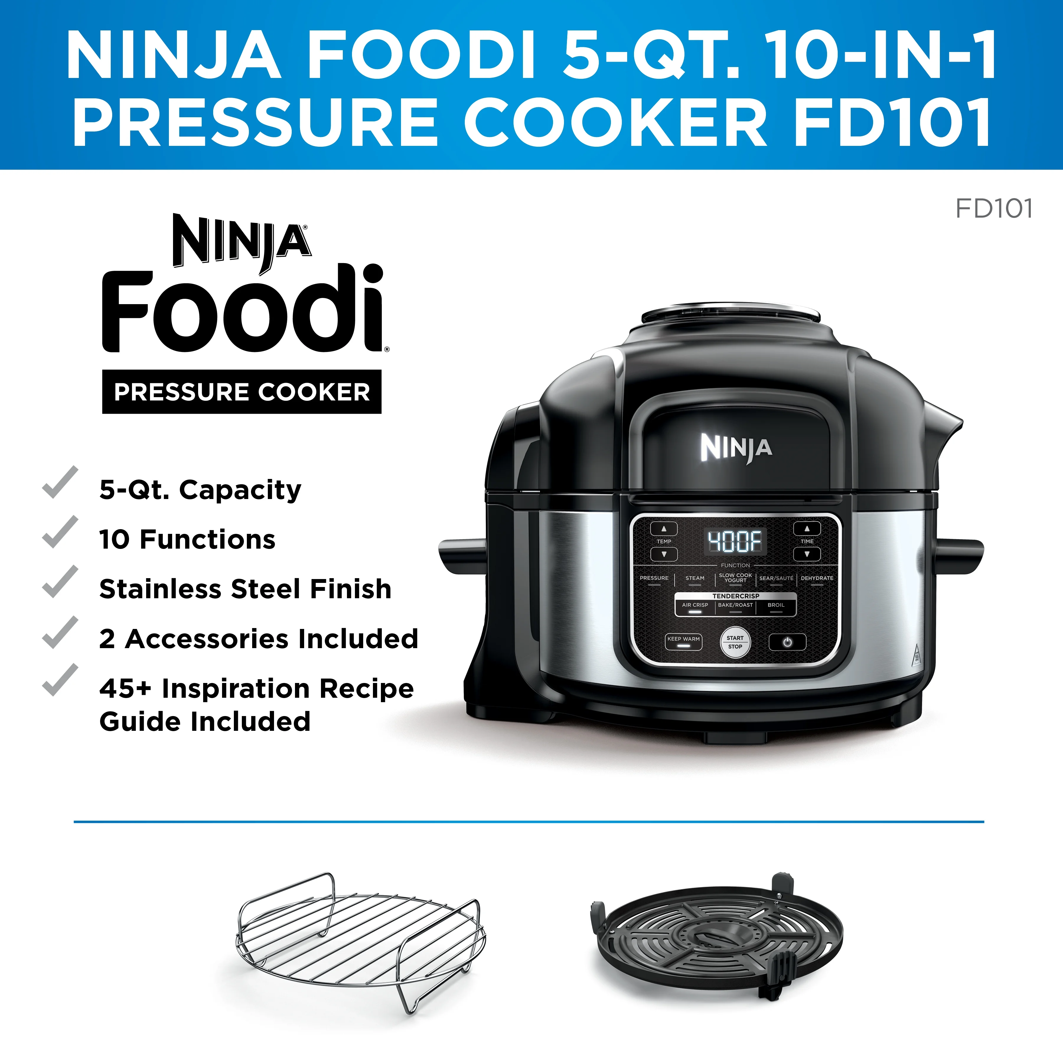 Ninja Foodi 10 - in - 1 5 Qt Pressure Cooker, Steamer, Bake, Broil, Dehydrate, Air Fryer, Non - Stick, FD101 Stainless Steel