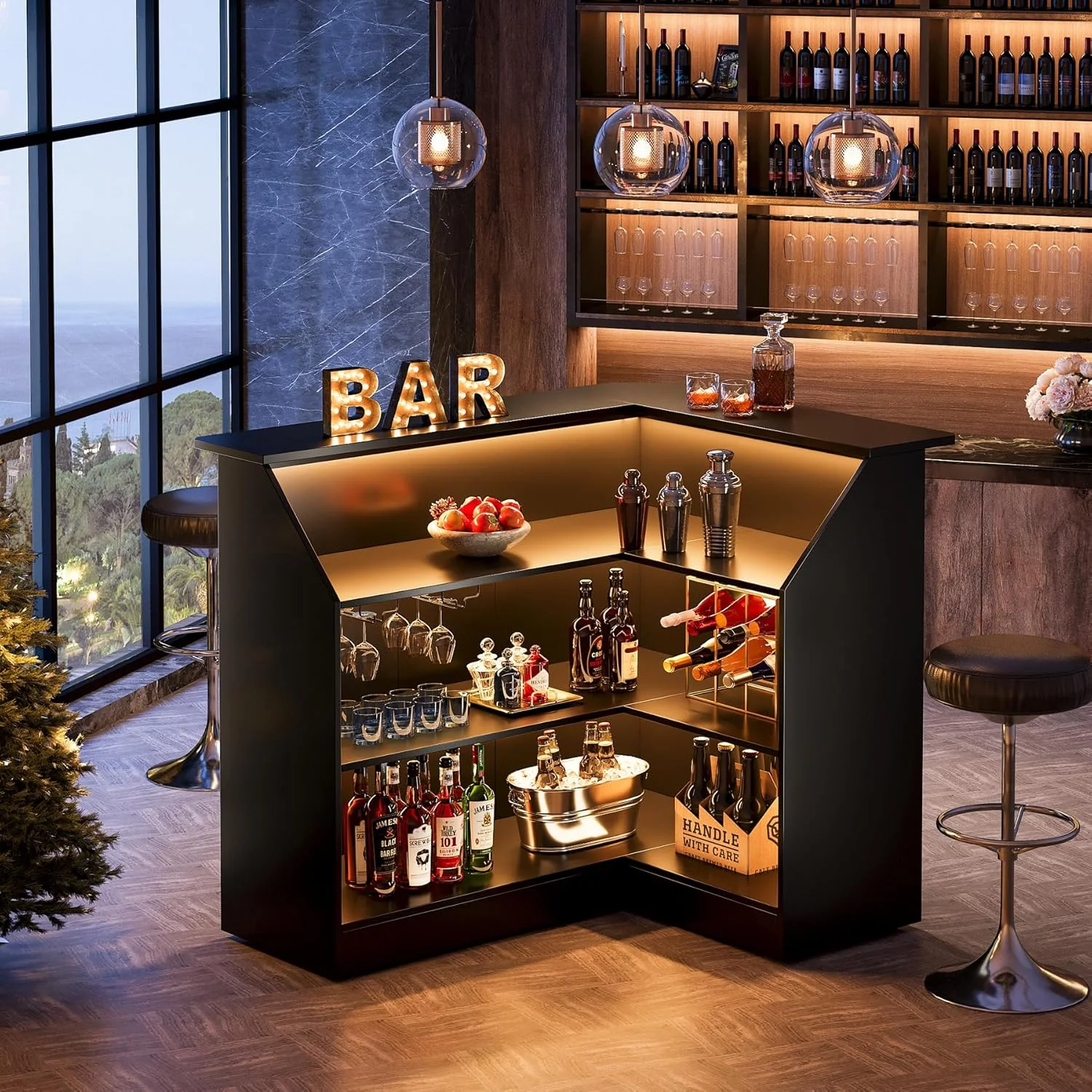 Bar Cabinet, L-Shaped Home Bar Table with Stemware Racks(Black) - Image 4