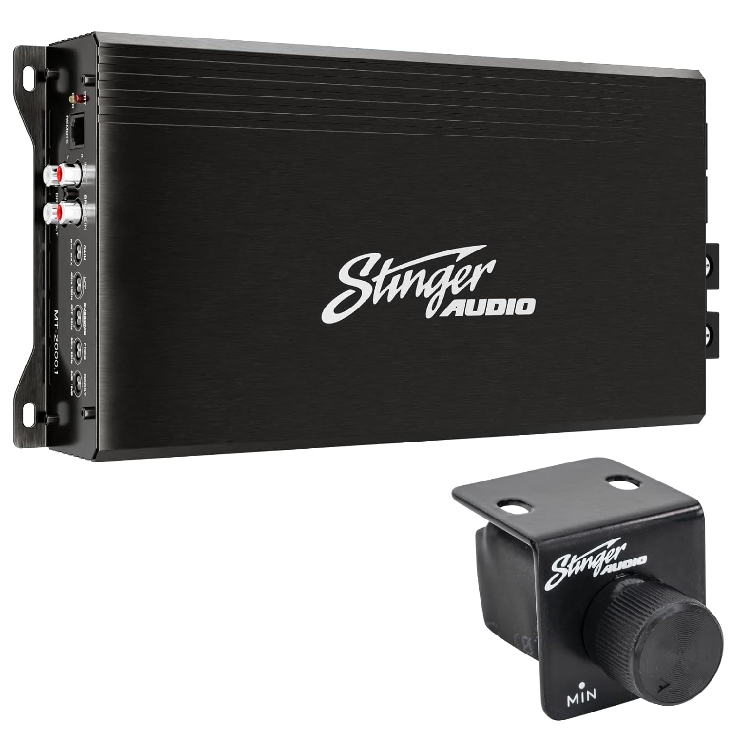 Stinger Audio MT20001 1-Channel Monoblock 2000 Watt RMS Car Audio Subwoofer Amplifier w/Remote Control Bass Knob  Class D  Hexfet Mosfet  Subsonic Filter  Low-Pass Filter  Bass Boost Q
