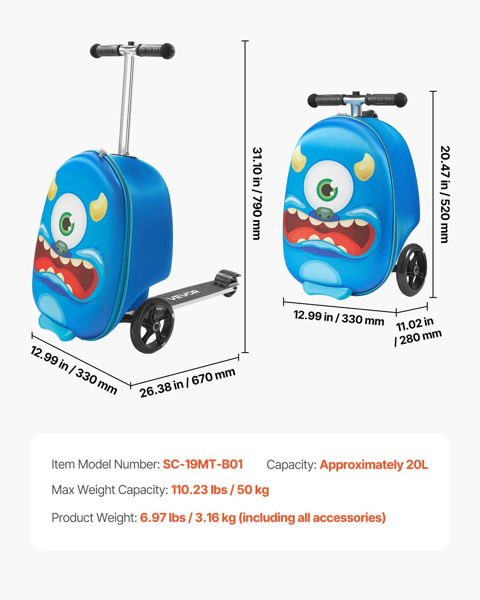 Ride-on Luggage 20-inch Kids Scooter Suitcase with Flash Wheels Blue - Image 7