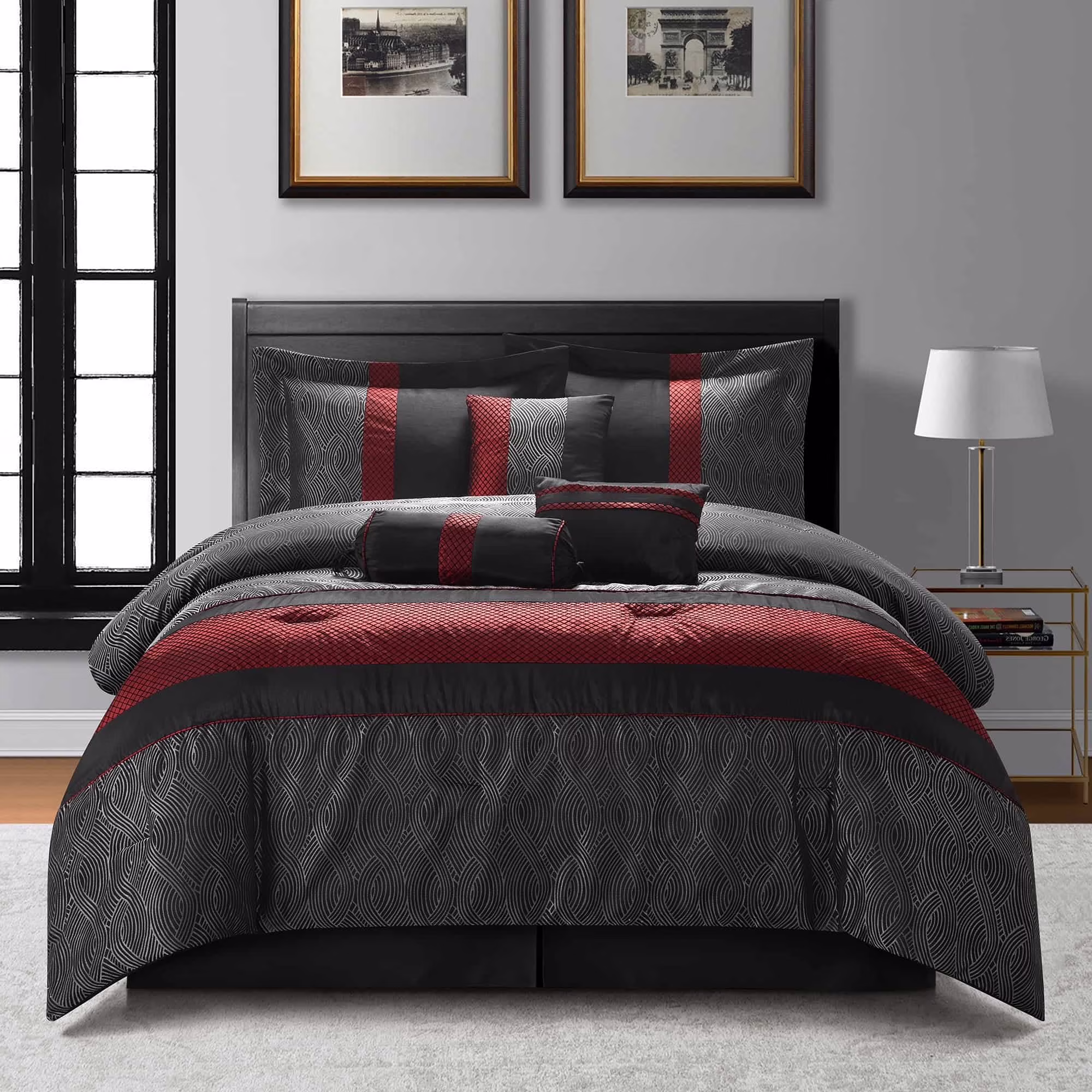 Corell 7 Piece Contemporary Comforter Set, Black/Red, California King(California King/Black and Red)