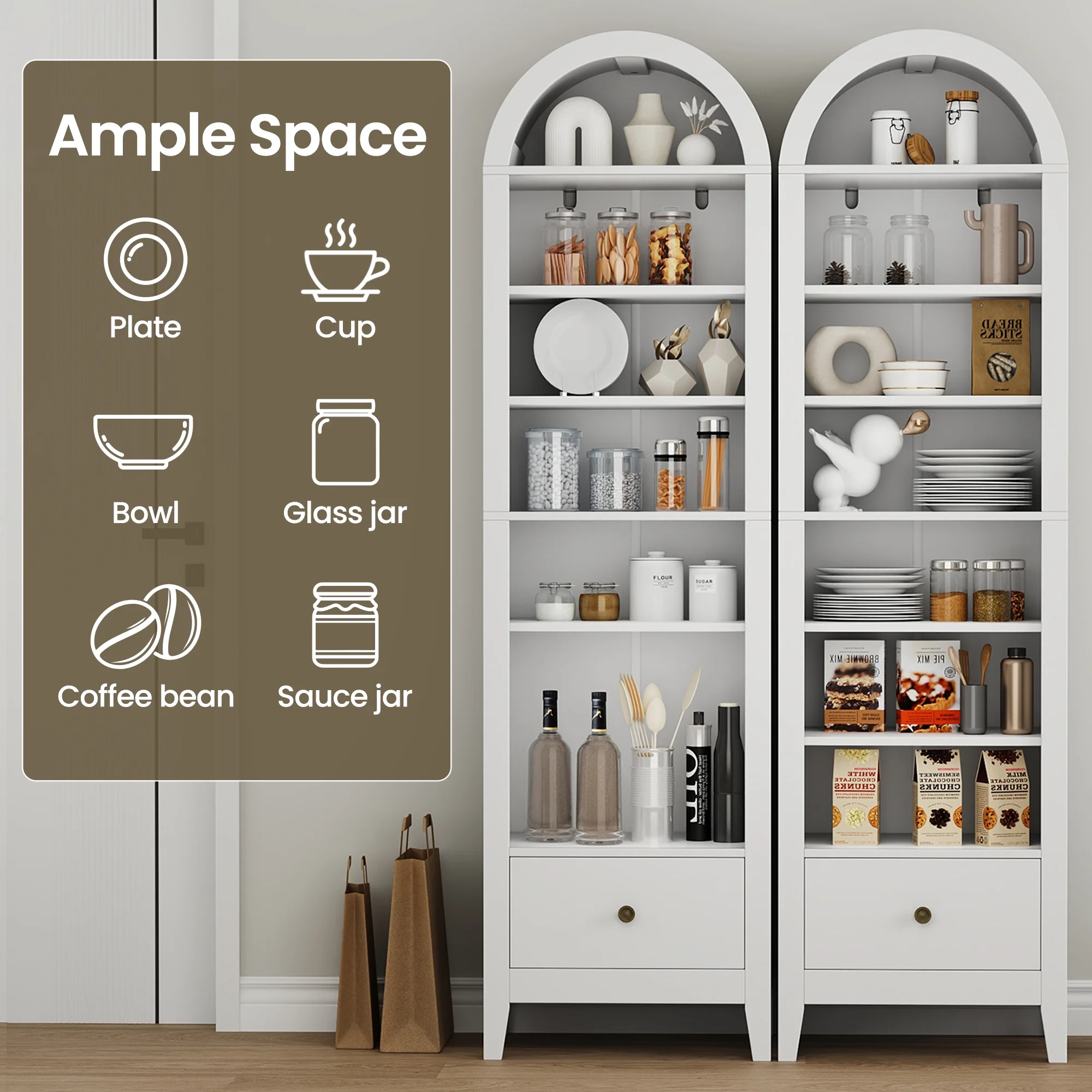 Arched Cabinet, 71" Tall Kitchen Pantry Cabinet, 8 Tiers Arched storage Cabinet with Doors and Shelves, Bookcase for Entryway, Hallway, Living Room, White(White) - Image 2
