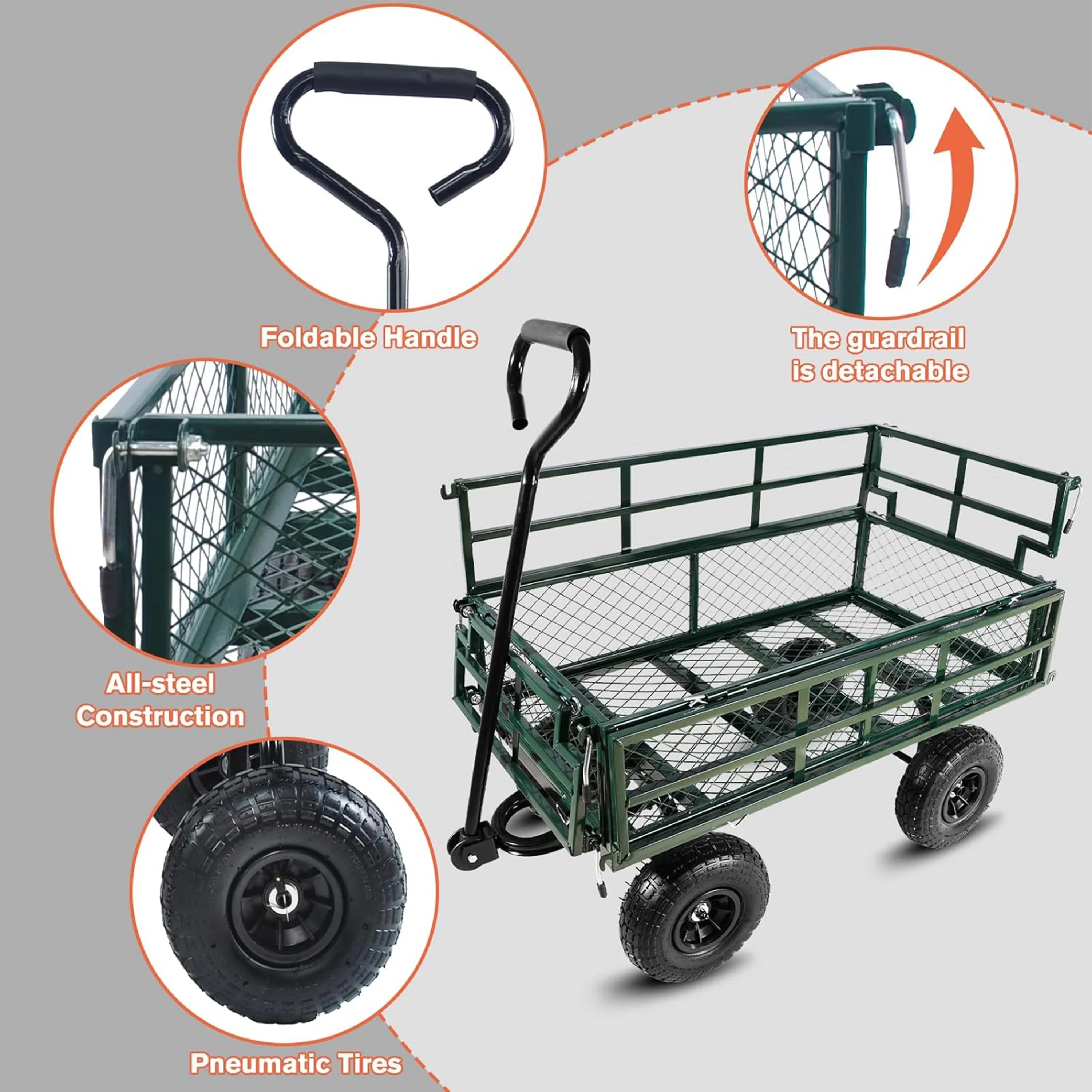 Furnibear Heavy Duty Steel Garden Cart 1500lbs Capacity, 6.35 cu ft, 40.55 x 27.56 Folding Utility Wagon with Double-Layer Removable Side, Black