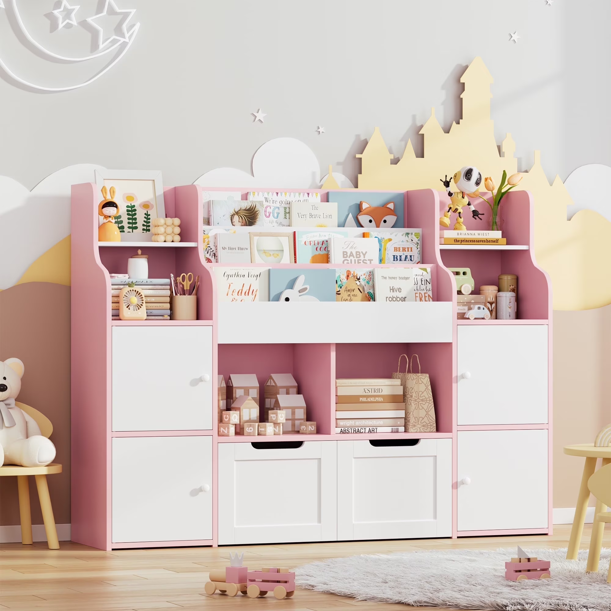 4 Doors Kids Bookcase with 3 Tier Book Racks 2 Mobile Drawers, 4 Cube Bookshelves Toy Storage Organizer for Playroom Kids Room, White(White) - Image 5