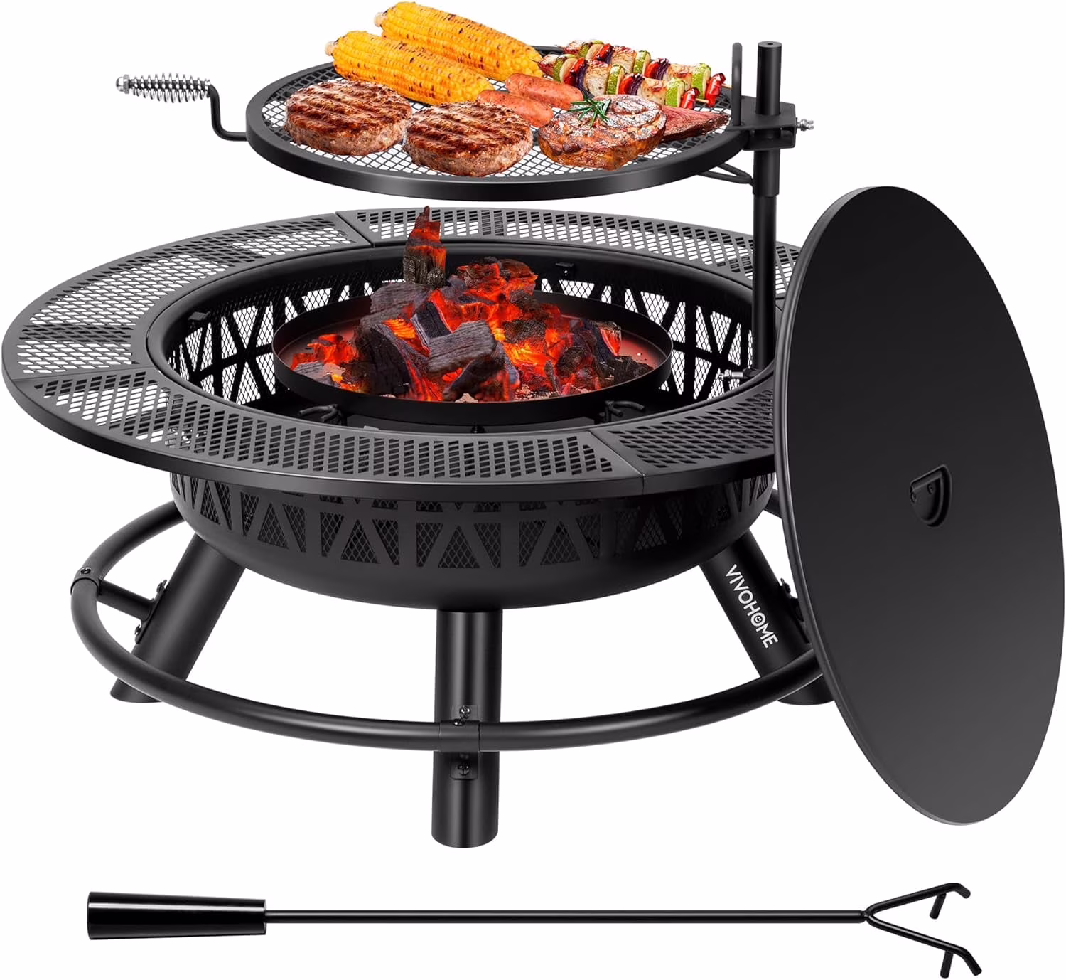 3-in-1 Fire Pit��35 in Wood Burning Firepits with Cooking Grill Grate Charcoal Pan Cover Lid, Metal Table for Backyard Bonfire BBQ Outdoor Camping Picnic(Single-Grill)