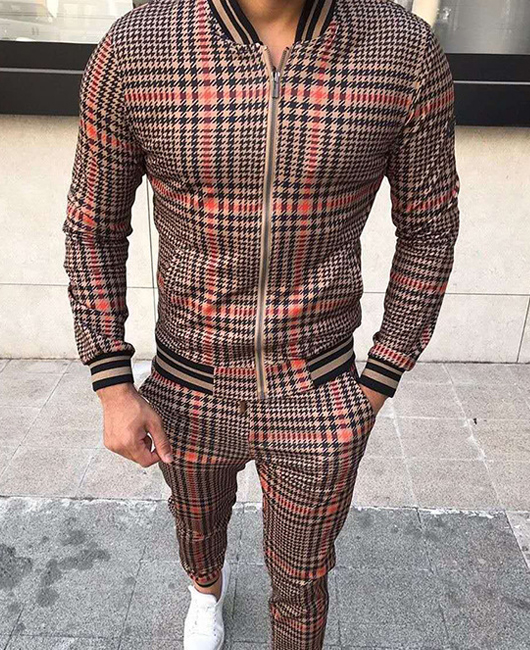 Ensemble 2 pièces : manteau et pantalon à carreaux décontractés à manches longues et fermeture éclair