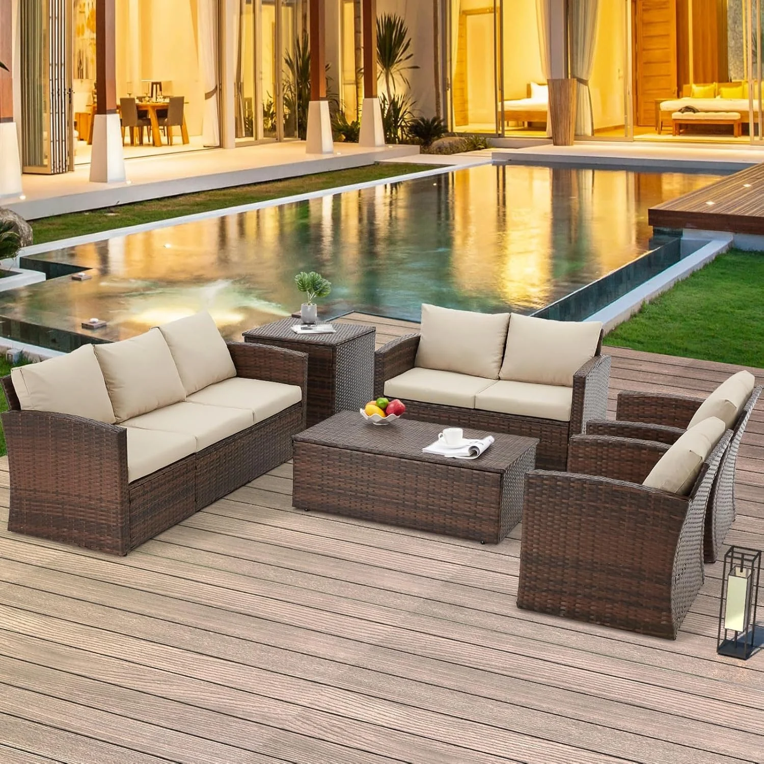 AECOJOY 7 PCS Outdoor Patio Furniture Sets with 2 Storage Boxes, Beige