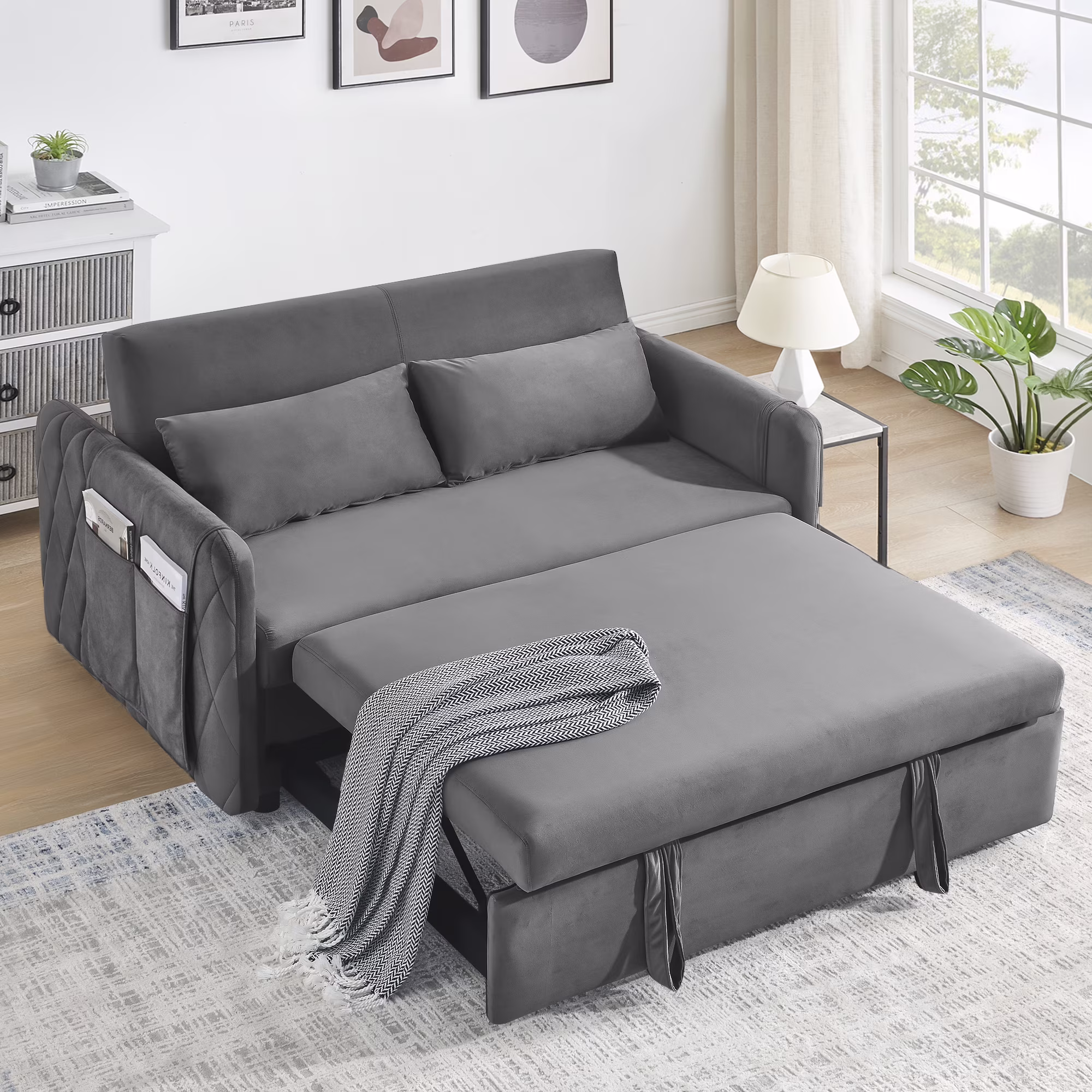 Convertible Sofa Bed,3 in 1 Sleeper Sofa with 2 Pillows and Adjustable Backrest for Living Room Office,Black(Black) - Image 5