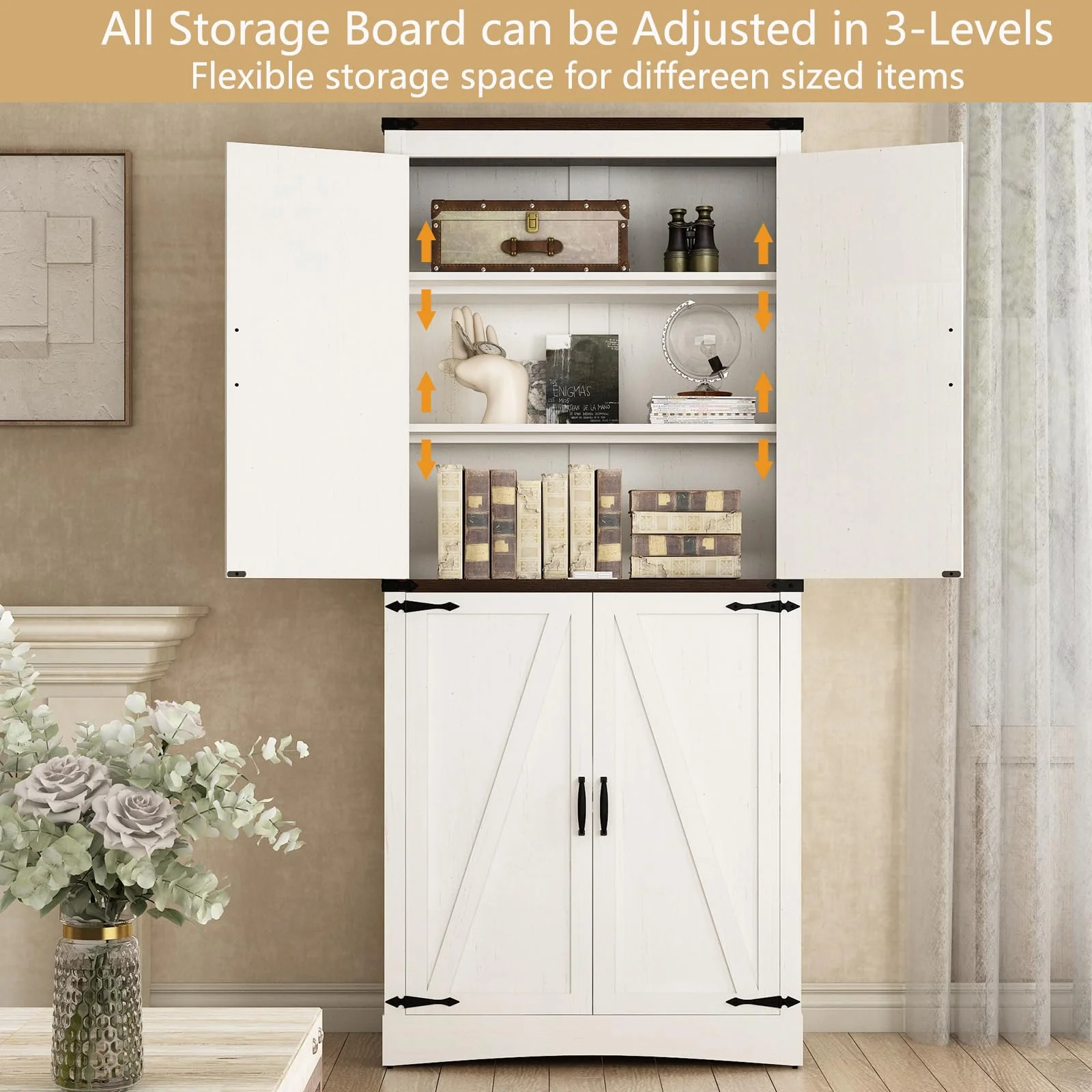 71" Tall Farmhouse Kitchen Pantry Cabinet, 5 Layers Storage Cabinet with Adjustable Shelves, Farmhouse Pantry Cabinet with 4 Barn Doors for Kitchen, Dining Room, Bathroom, Living Room, Rustic White(White-4 Barn Doors) - Image 10