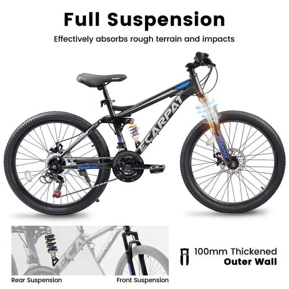 OUDOSPRS 24 Full Suspension Mountain Bike - 21-Speed with Gear Indicator, High-Carbon Steel Frame, Disc Brakes (Black)