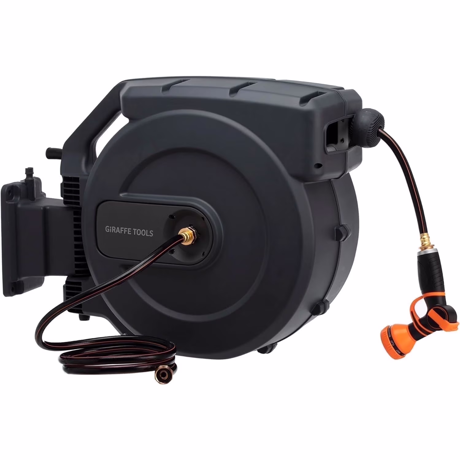 Giraffe Tools Retractable Garden Hose Reel with 1/2in-100ft Water Hose, Plastic Bracket, Wall Mounted, Dark Grey