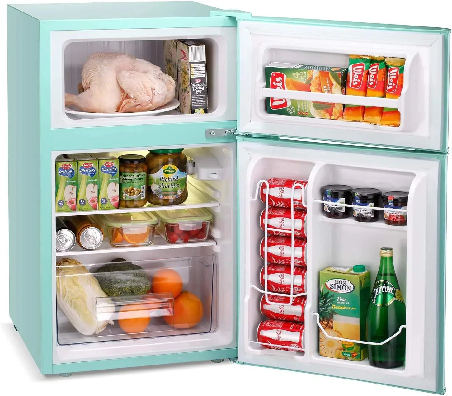 Antarctic Star Compact Mini Refrigerator Separate Freezer, Small Fridge Double 2-Door Adjustable Removable Retro Stainless Steel Shelves Living room/Kitchen/Dorm/Office 3.2 cu ft.Green