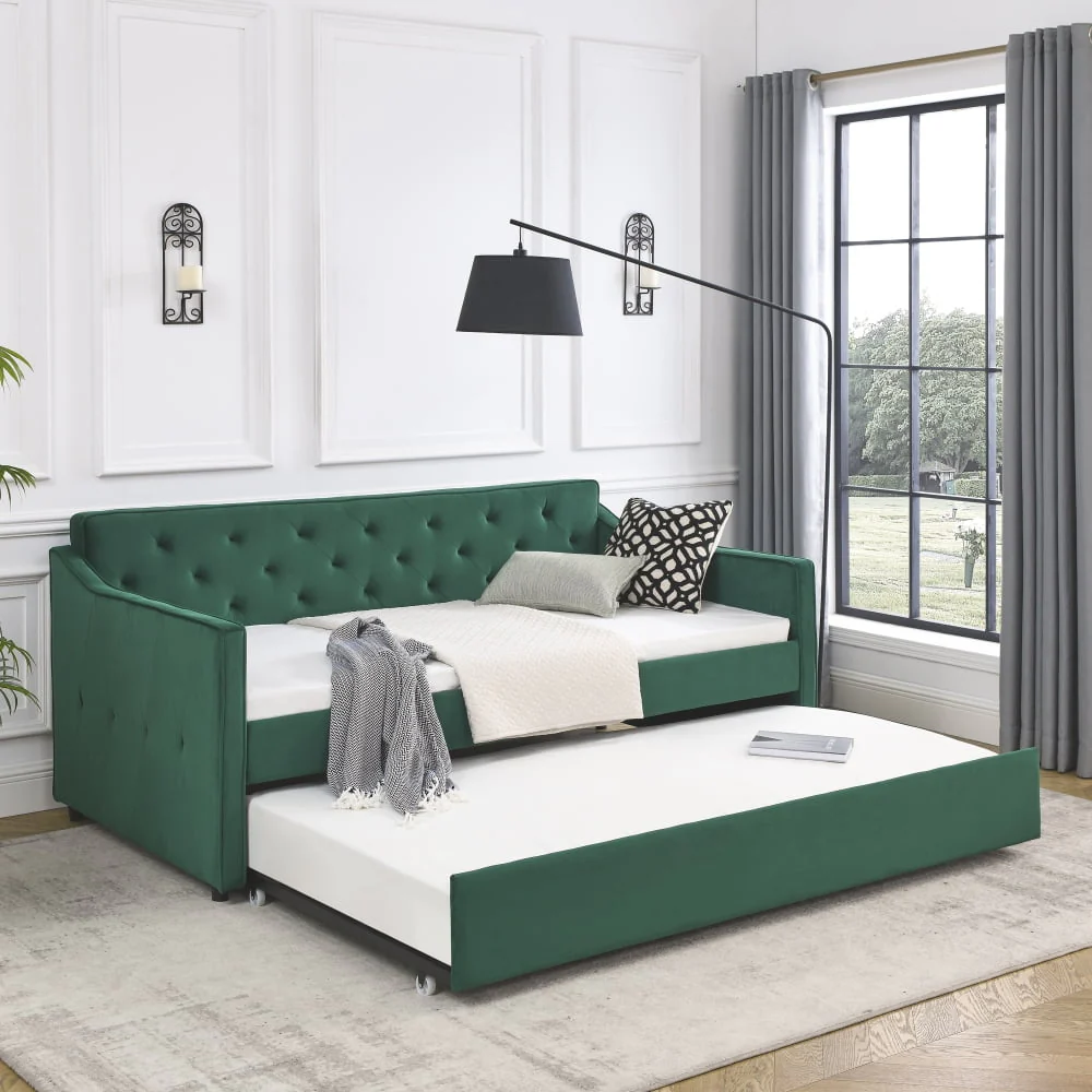 Twin Size Daybed with Trundle, Modern Button Tufted Linen Upholstered Sofa Day Bed Frame with A Roll Out Trundle, Bedframe Furniture for Bedroom Living Room Guest Room,Green