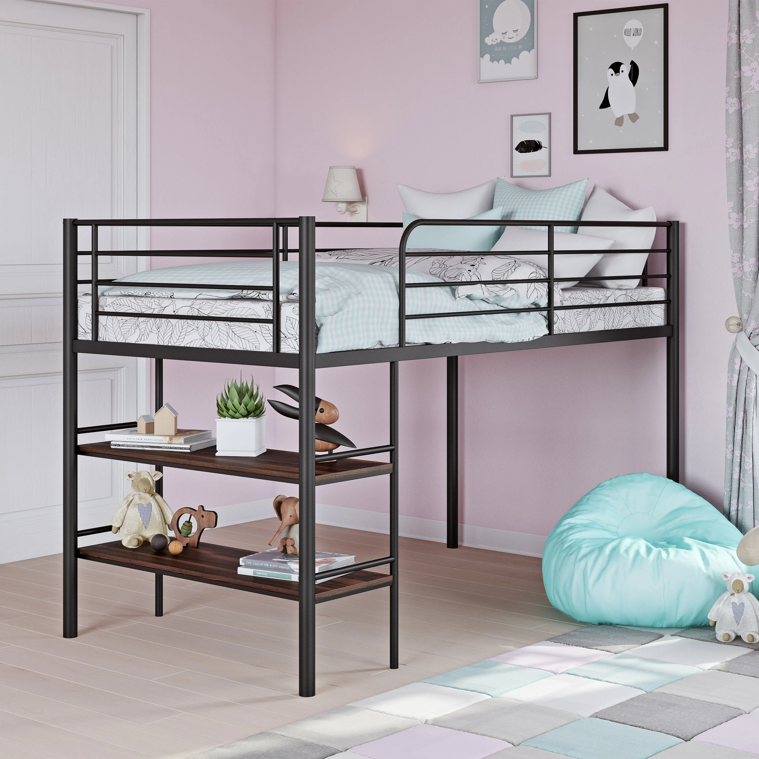 Your Zone Beckett Kids Metal Twin Loft Bed with Open Book Shelf, Multiple Finishes(Black)