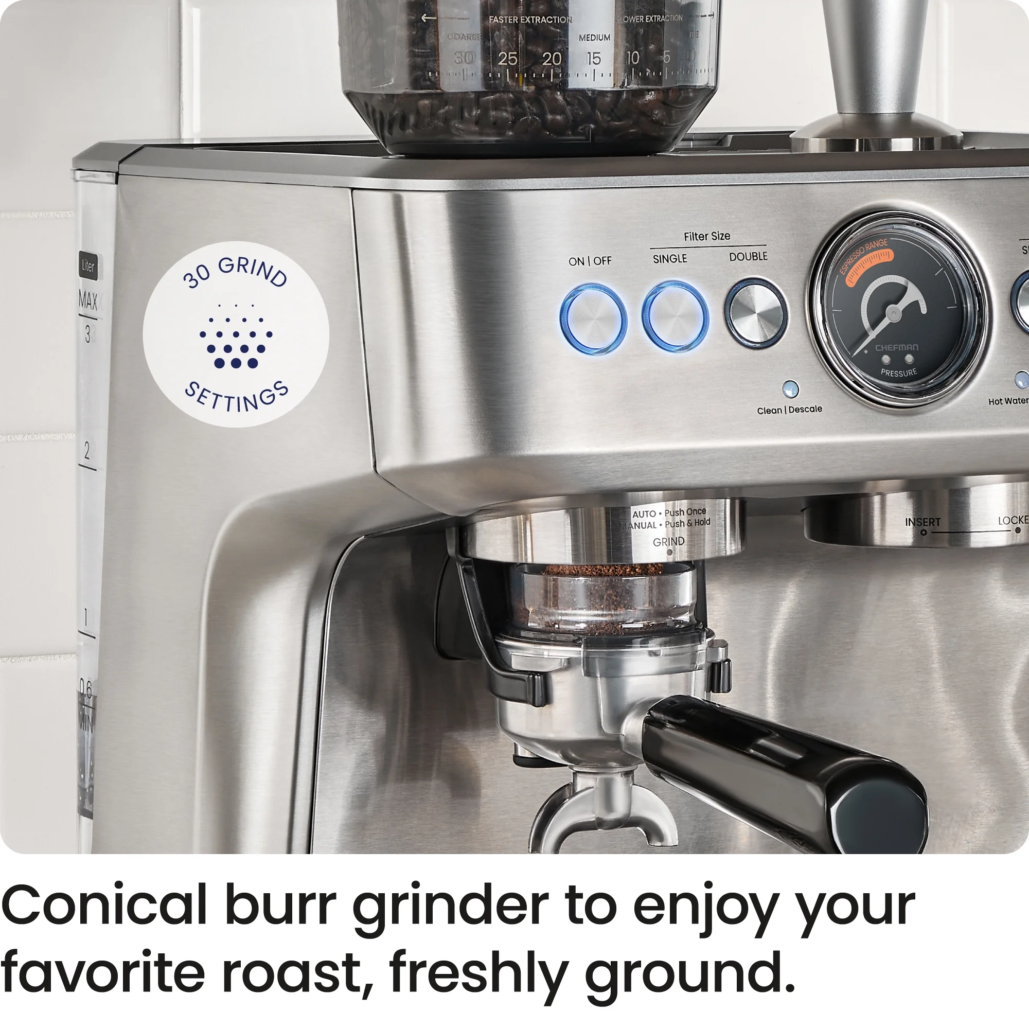 Chefman Crema Supreme Espresso Machine with Conical Burussian River Grinder and Steam Wand A?? Stainless Steel, New