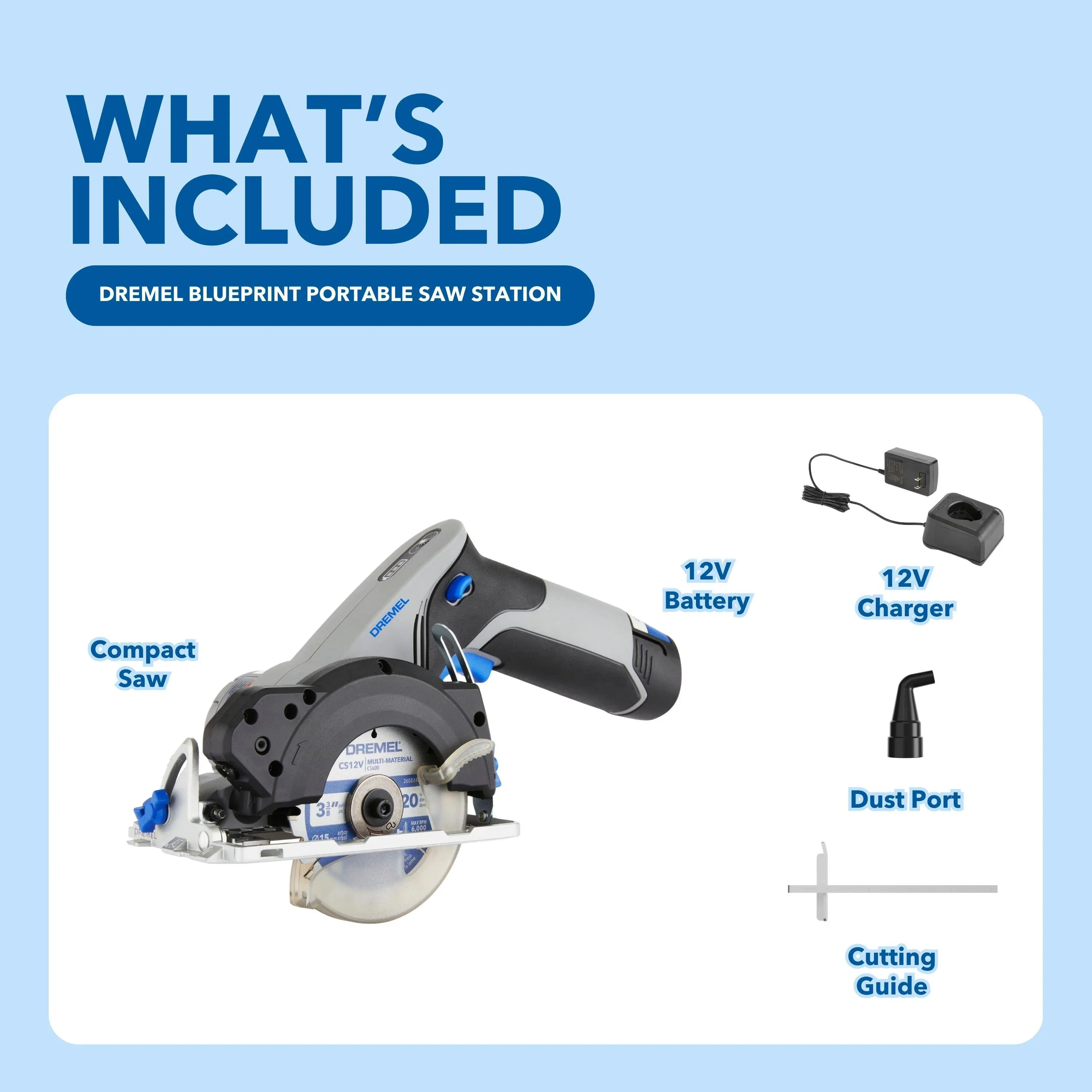Dremel Blueprint 12V Compact Circular Saw with Integrated Laser Guide, 2Ah Li-Ion Battery and 3 3/8Multi Material Blade (CS12V-S1)