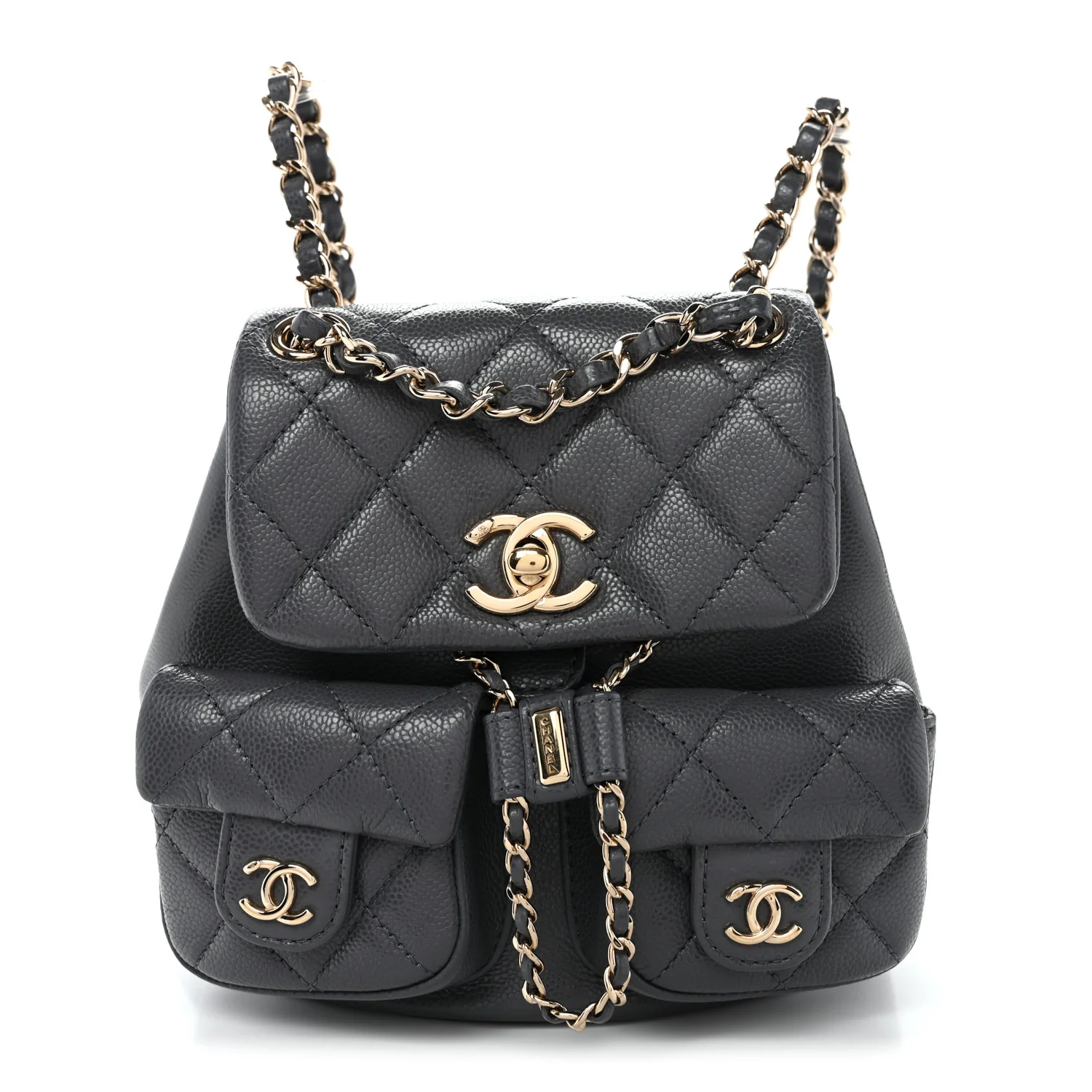 Shiny Caviar Quilted Small Duma Pockets Drawstring Backpack Grey