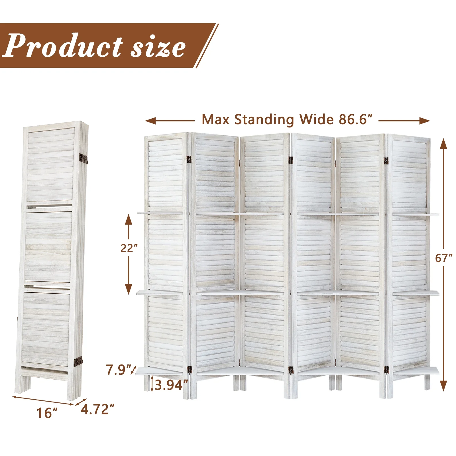 6-Panel Room Divider with Shelves5.6ft Tall Folding Privacy Screen Panels, Room Divider Wall, Divider for Room Separation, Room Divider ShelvesEffectively Block SightNatural(White/6) - Image 2