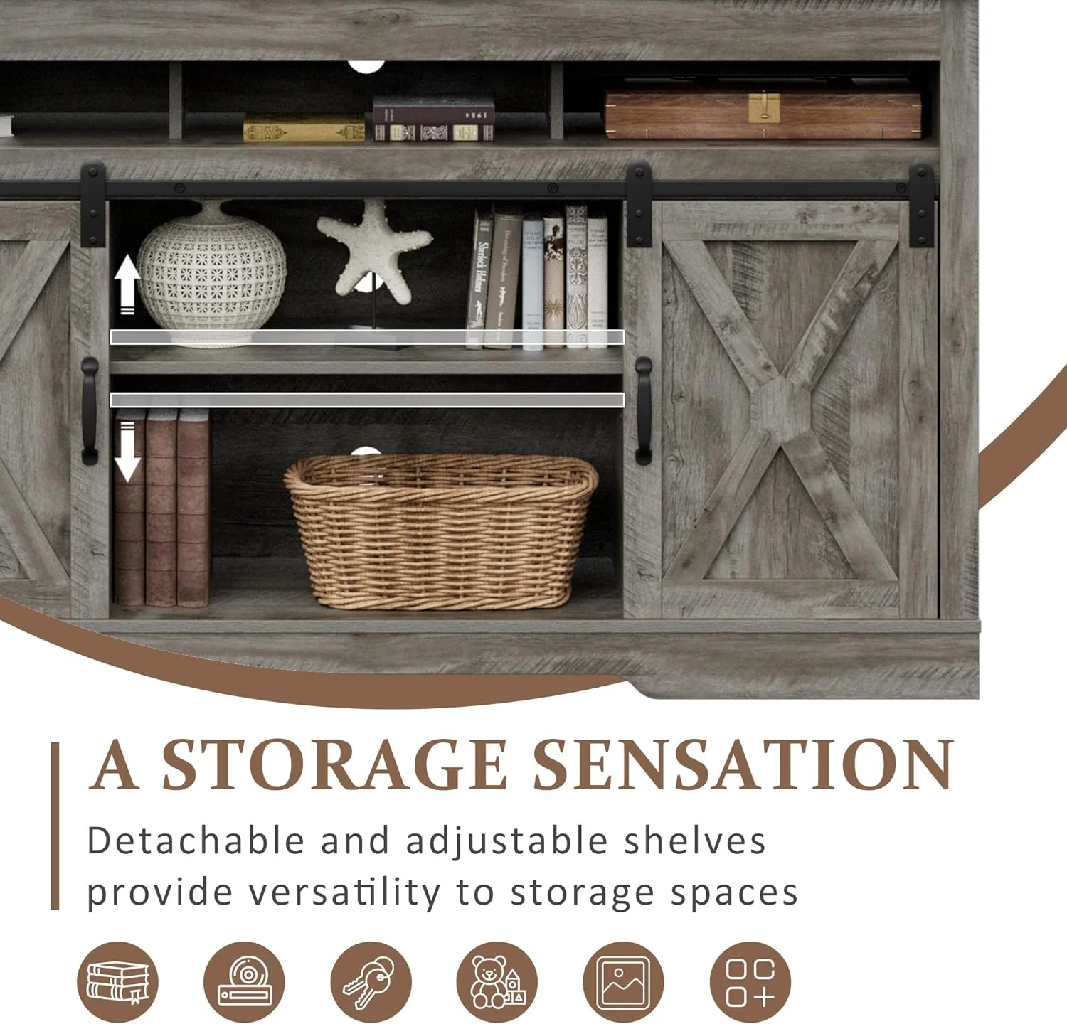 Farmhouse TV Stand for 65+ inch TV,34'' Tall Entertainment Center with Sliding Barn Doors, Rustic Wood Media Console Storage Cabinet Television Stand for Living Room, Light Grey(TV Stand 2/Light Grey) - Image 6