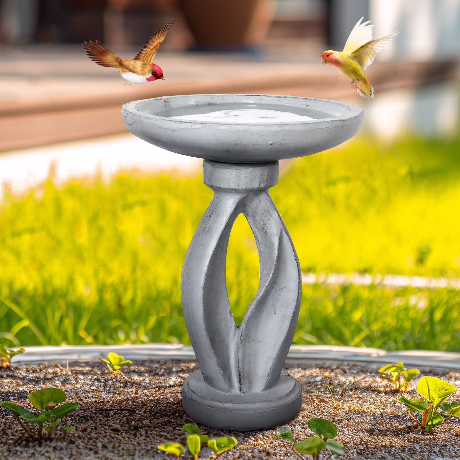21.8 Inch Height Outdoor Bird Bath Fibre Reinforced Concrete Large Bird Bath Stylish with Curved Pedestal for Garden, Patio, Backyard, Lawn