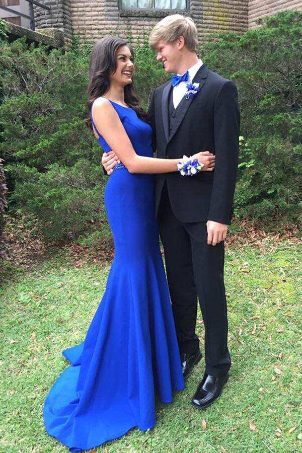 Simple Handmade Mermaid Long Royal Blue Open Back Prom Dresses K726
