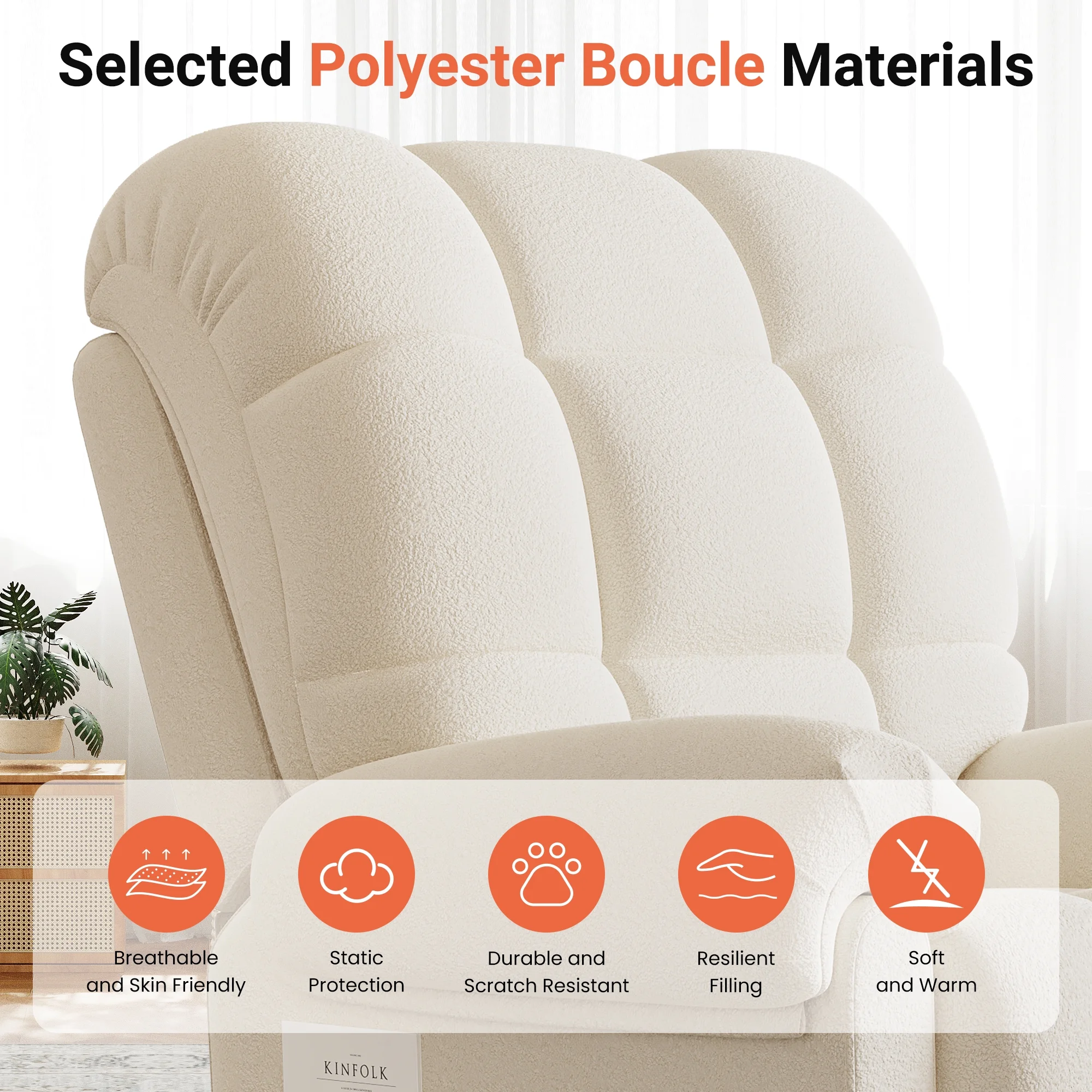 Power Recliner Chair,Electric Recline Sofa Chair for Adults with USB Port,Comfy Teddy Fleece Adjustable Cloud Sofa,Tool-Free Setup,Beige White(Off White) - Image 10