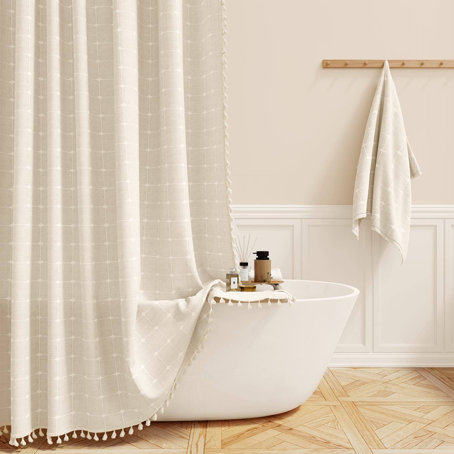 BTTN Extra Long Shower Curtain - 72x96 inch Long Boho Chic Linen Fabric Heavy Duty Shower Curtain Set with Plastic Hooks, Tall Farmhouse Aesthetic