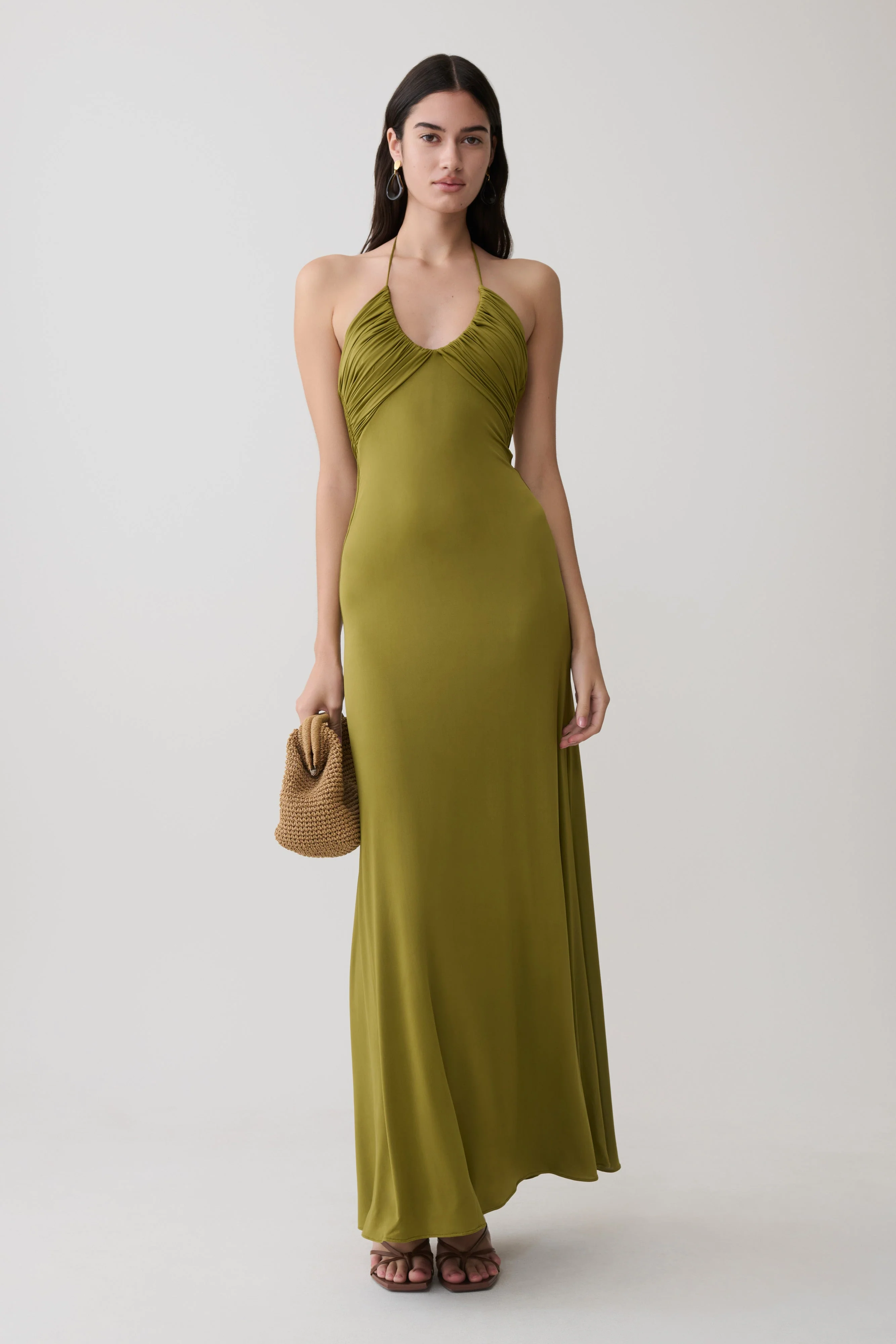 Maely Gathered Slinky Maxi Dress - Olive