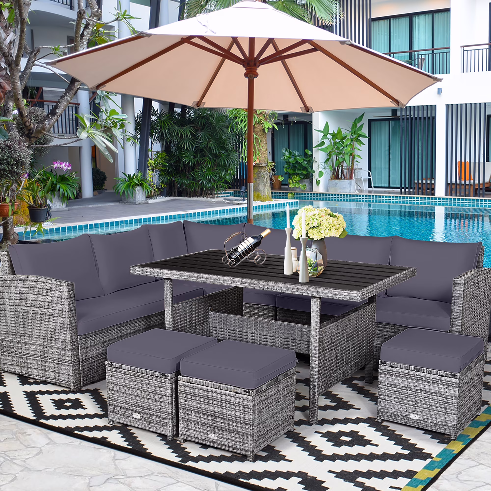 Costway 7 PCS Patio Rattan Dining Set Sectional Sofa Couch Ottoman Garden Red