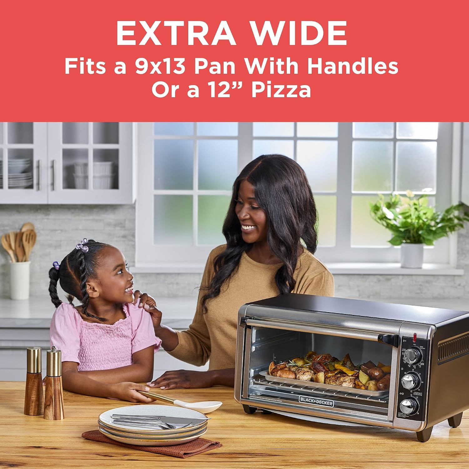 BLACK+DECKER TO3250XSBD 8-Slice Extra Wide Convection Countertop Toaster Oven, Includes Bake Pan, Broil Rack & Toasting Rack, Stainless Steel/Black