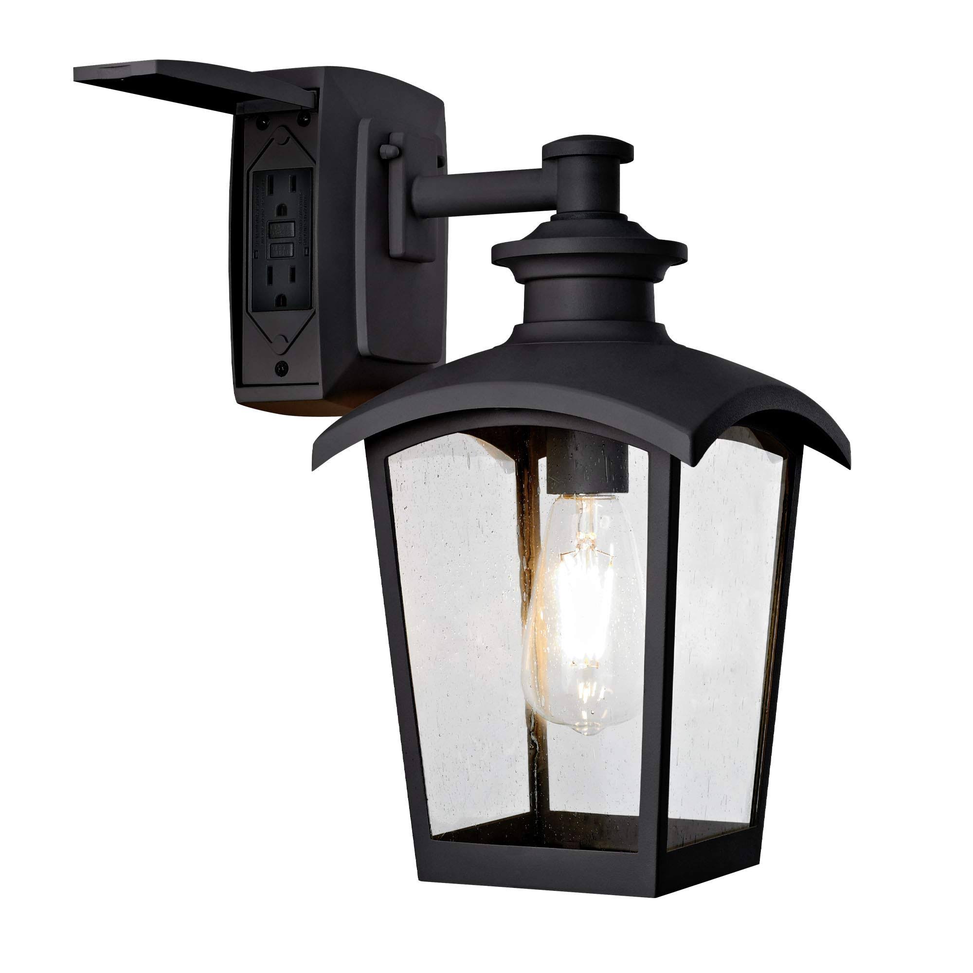 Home Luminaire 31703 Spence 1-Light Outdoor Wall Lantern with Seeded Glass and Built-In GFCI Outlets Black