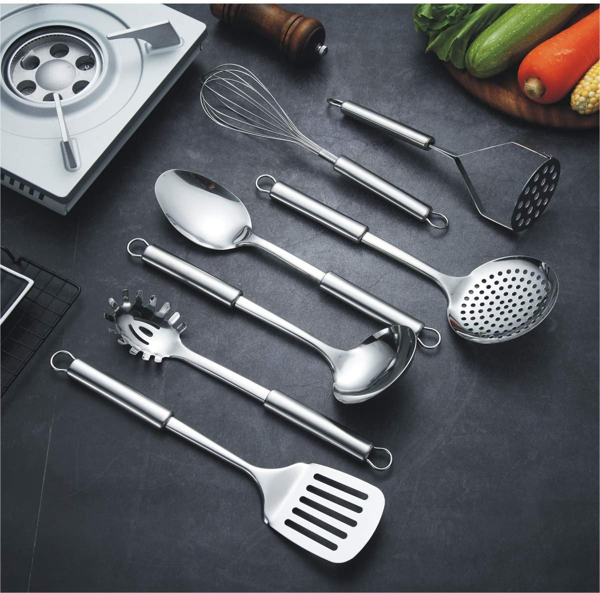 Berglander Cooking Utensil Set 8 Piece, Stainless Steel Kitchen Tool Set with Stand, Cooking Utensils, Slotted Spoon, Ladle, Skimmer, Serving Spoon, Pasta Server, Potato Masher, Egg Whisk（8 Pieces）