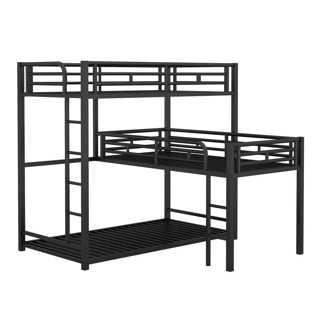 L Shaped Triple Bunk Bed for 3, Metal Triple Twin Size Bunk Beds Frame with Integrated ladder and Full-length Guardrails, Corner Triple Bunk Beds for Kids,Teens and Adults, Black - Image 6