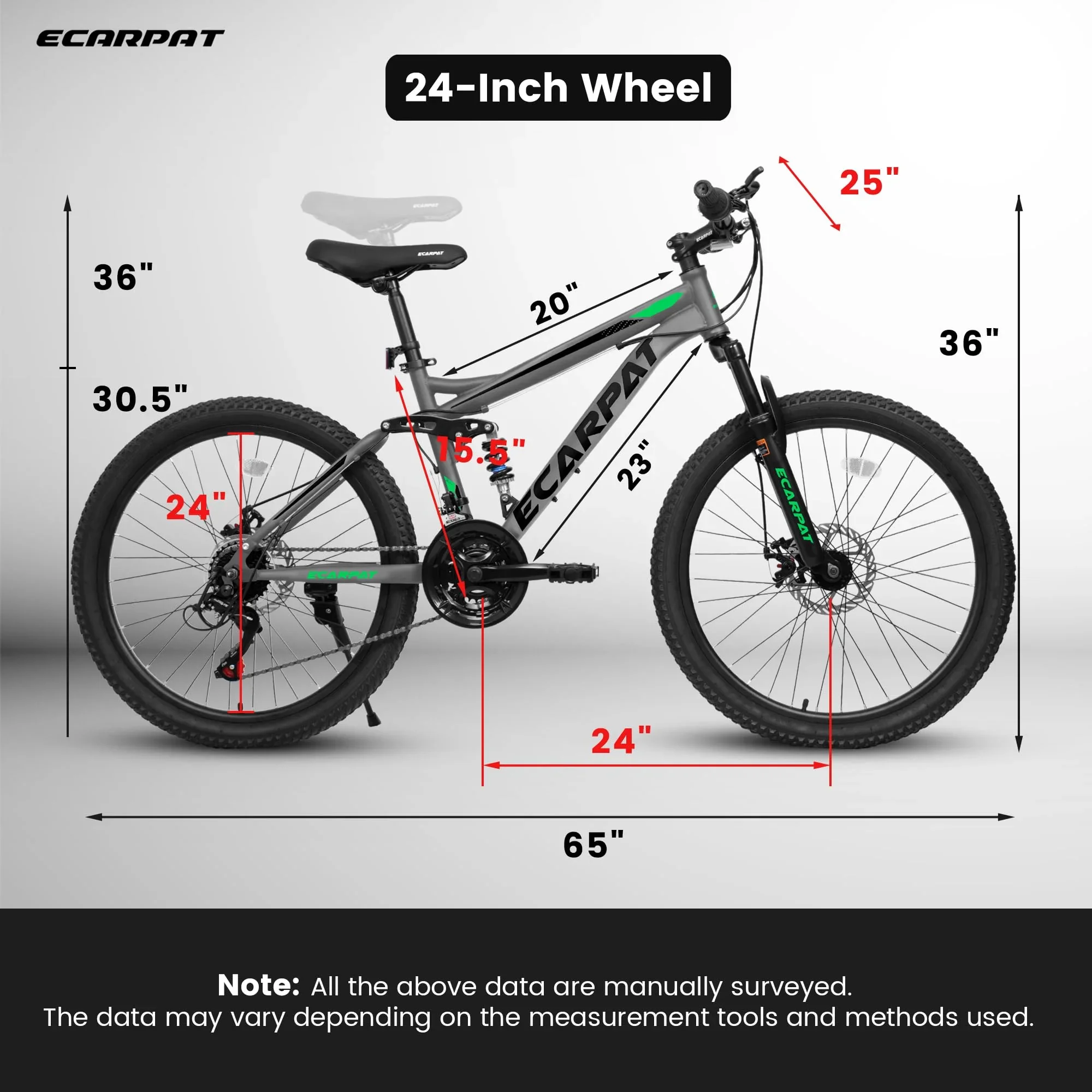 A2460 24 Inch Mountain Bike with Full Suspension, 21 Speed Grip Shifters, High Carbon Steel Frame, Mechanical Disc Brakes, Unisex for Men/Women/ Adults, Ideal for Trails.
