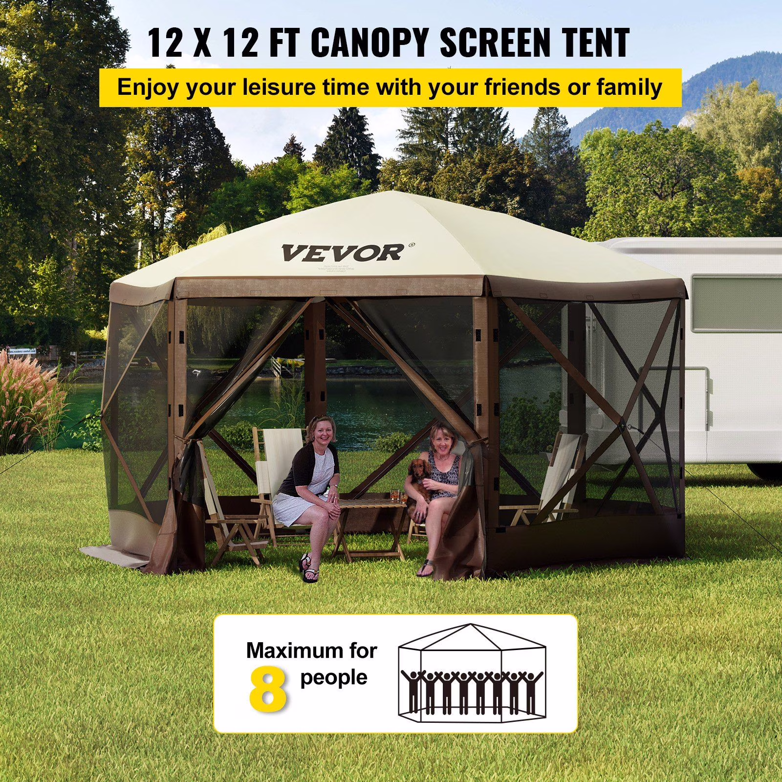 Quick Setup 12x12 Foot Gazebo Tent, 6-Sided Canopy with Mesh Screens & Carry Bag �?sun Shade Shelter for Outdoor Events, Backyard, Picnic (Beige/Brown)