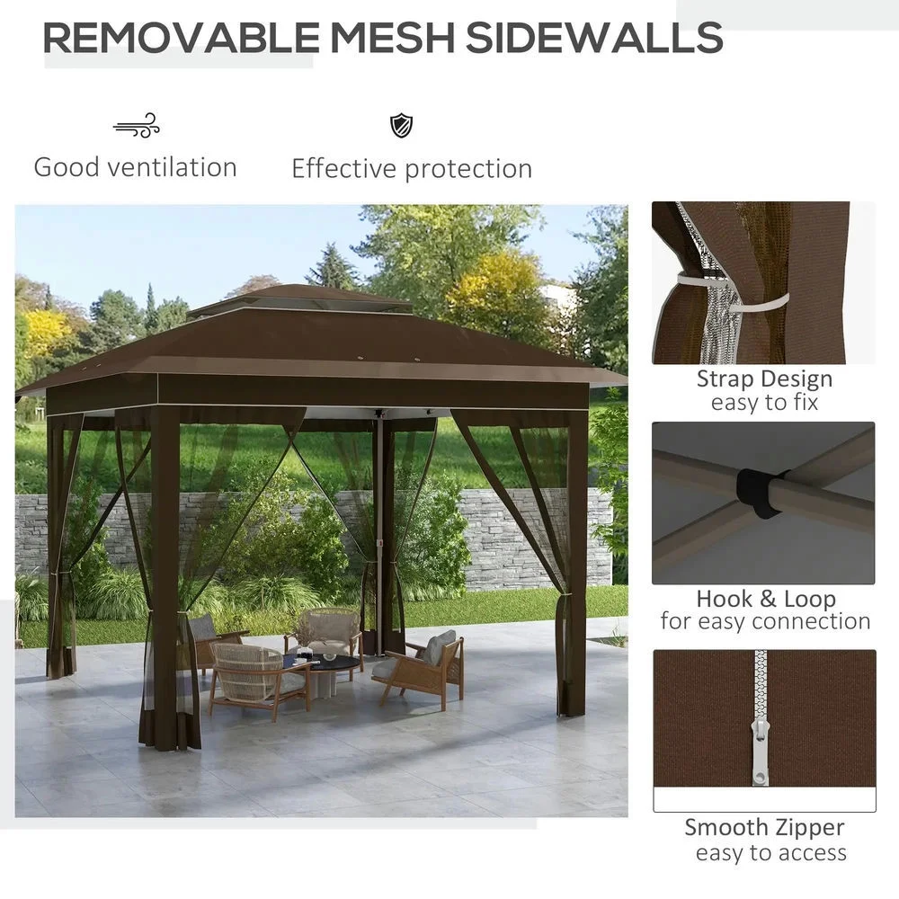 GVN Backyard Garden Canopy, Camping Canopy Screen Tent,12' x 12' Pop Up Canopy Tent with Netting and Carry Bag, Dark Brown