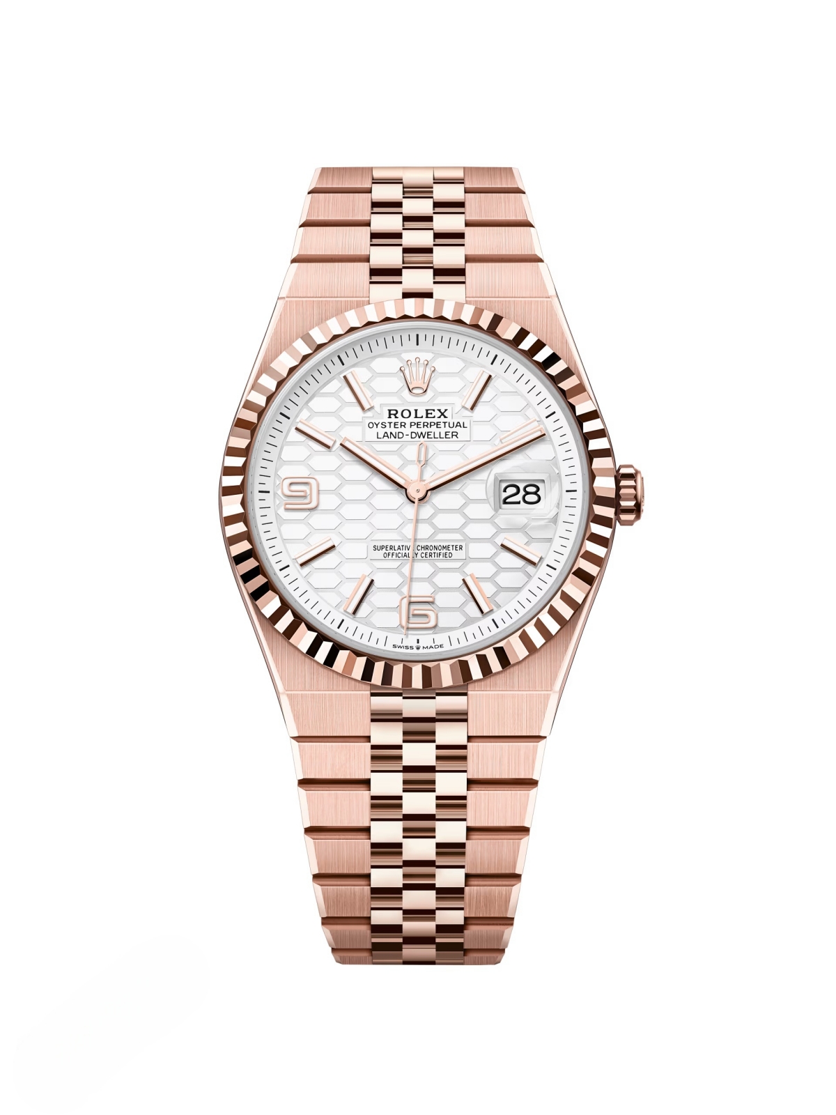 【Super Clone】RLX Land-Dweller 127335-0001 White Honeycomb Dial Everose Jubilee Bracelet 40mm
