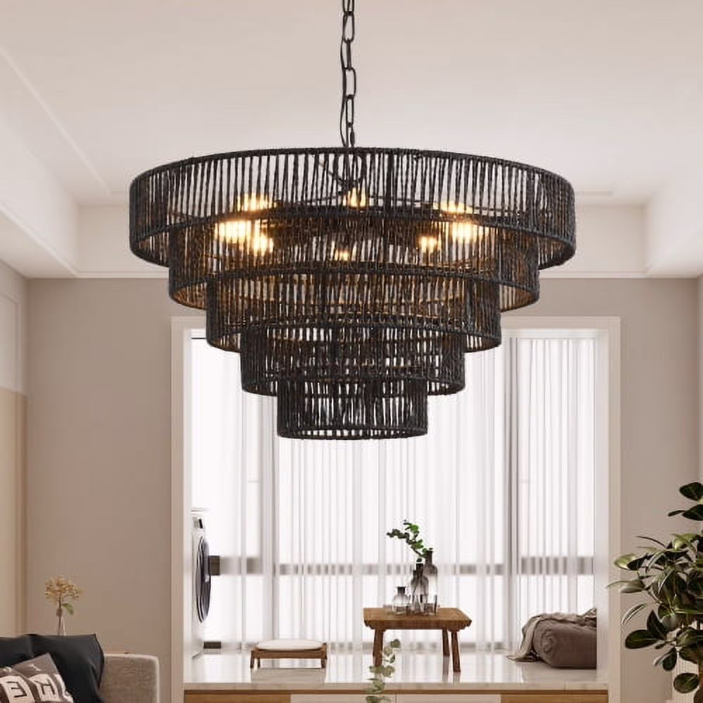 ACE-LIGHTS,Rustic 4-Tier Height Adjustable Hemp Rope Chandelier(Bulb Not Included),Pendant Light,Handmade Tiered Boho Ceiling Light Fixture for Living,Dining Room,Kitchen,Foyer(Black��