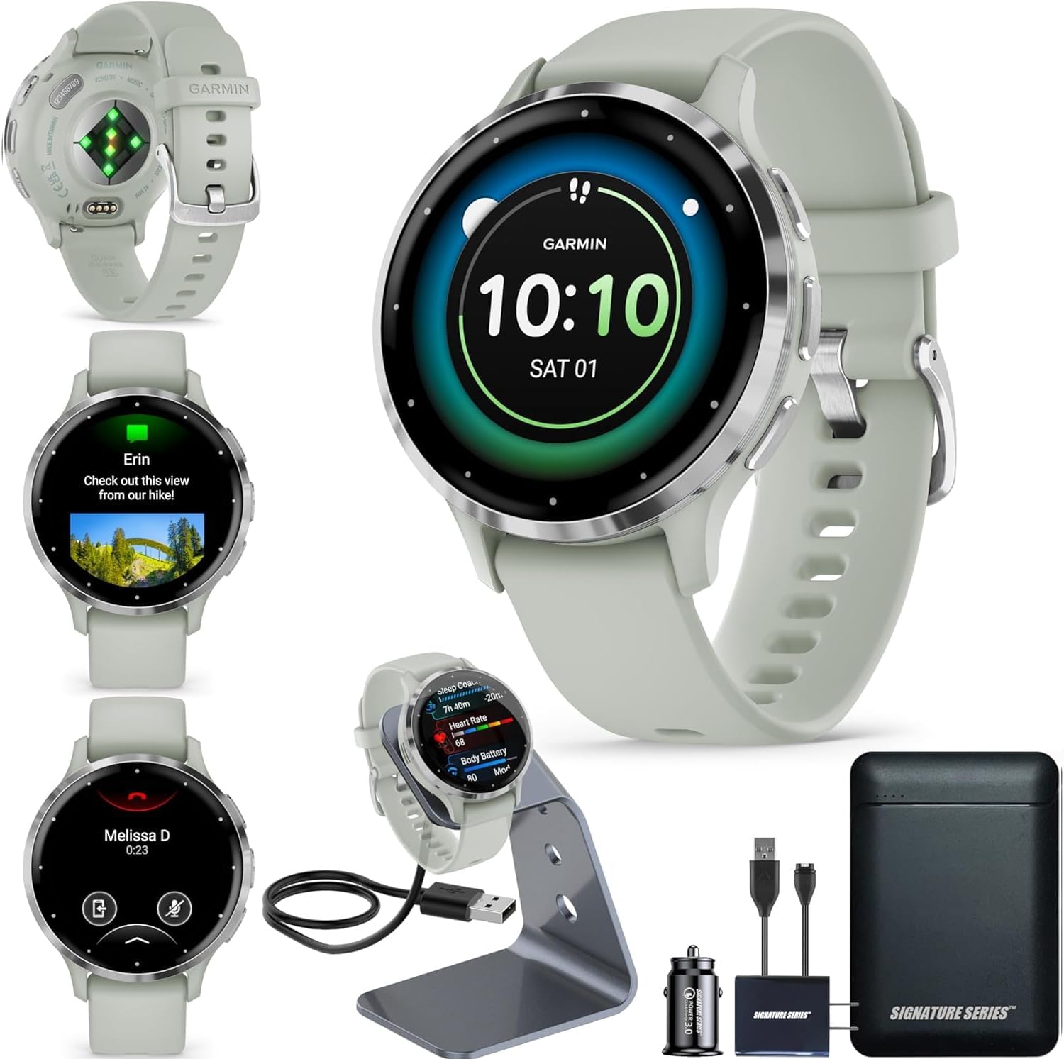 Garmin Venu 3S Running GPS Smartwatch with AMOLED Display  Advanced Health  Fitness Features  Up to 14 Day Battery Life with Signature Power Bundle | Silver with Sage Gray Silicone Band