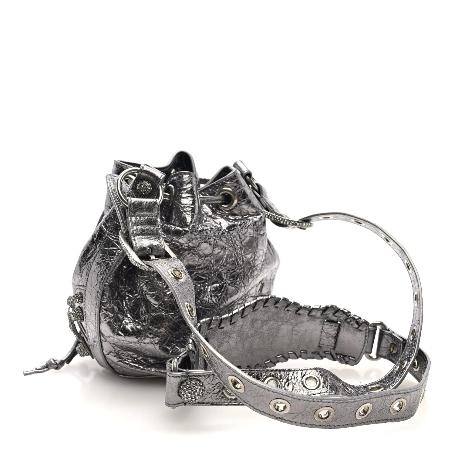 Metallic Agneau Arena Crystal Le Cagole Bucket Bag XS Silver