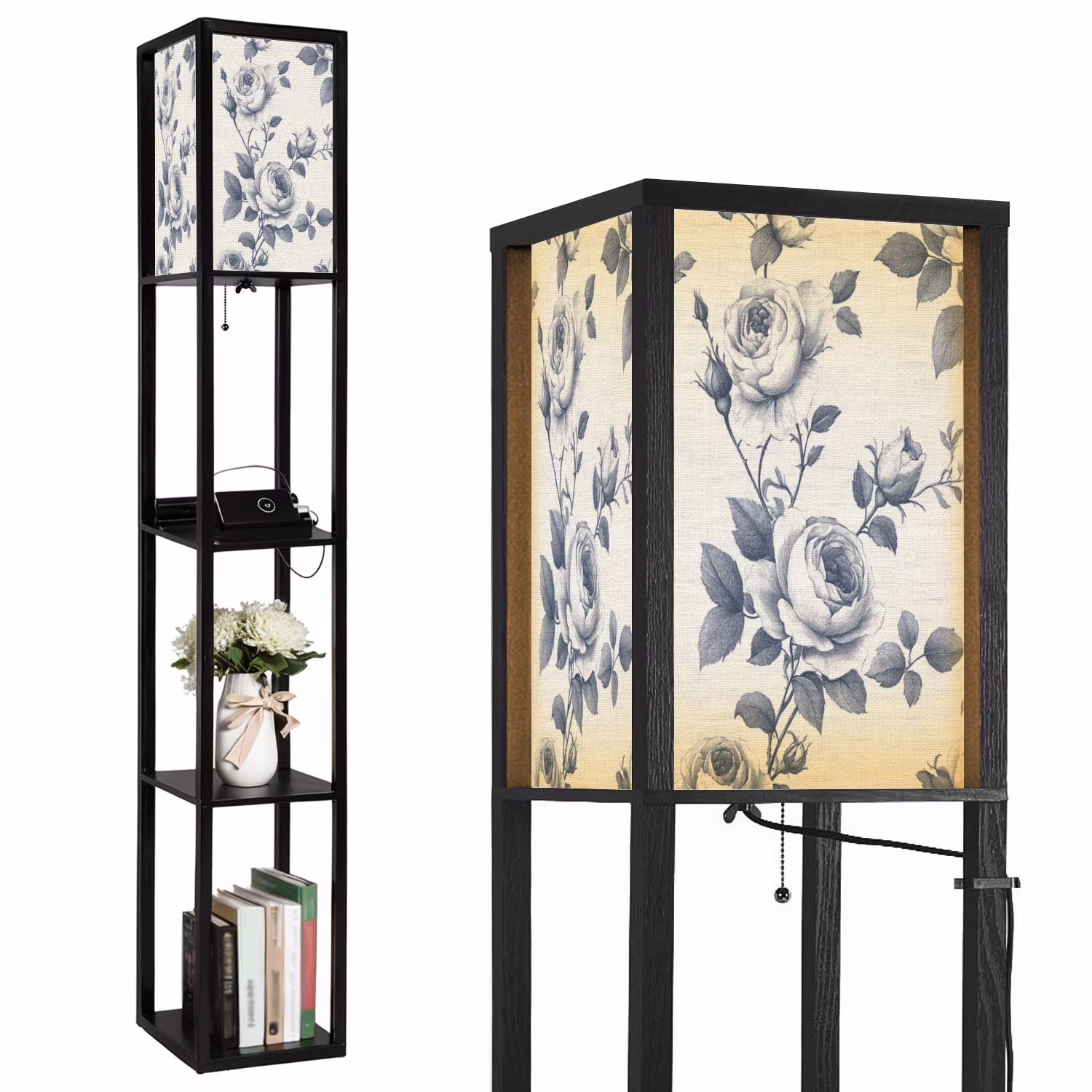 Floor Lamp with Shelves,Modern Dimmable Standing Lamp Floral Corner Display Bookshelf Lamp with 2 USB 1 Power Outlet for Living Room Bedroom(Color-5)