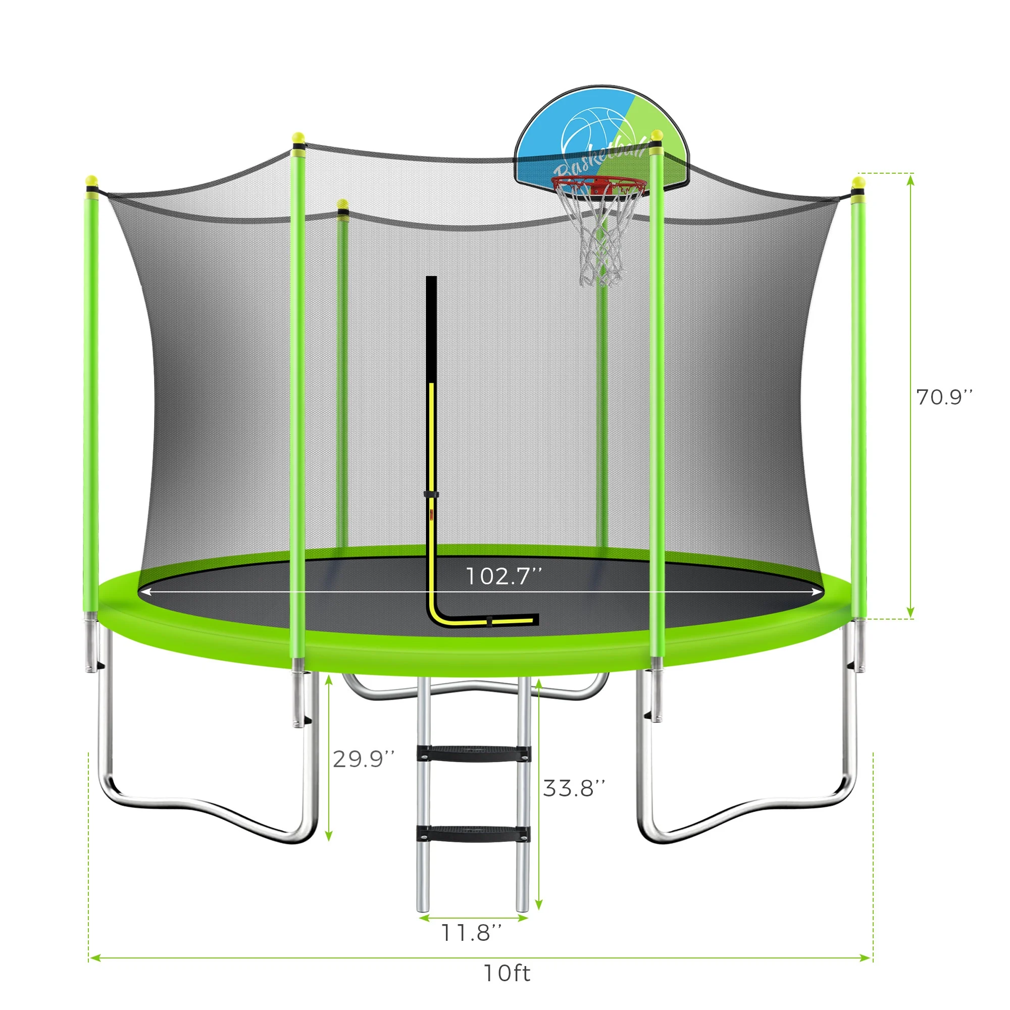 Noble House 8FT Outdoor Trampoline for Kids with Safety Enclosure Net, Basketball Hoop  Ladder, Blue(Blue)